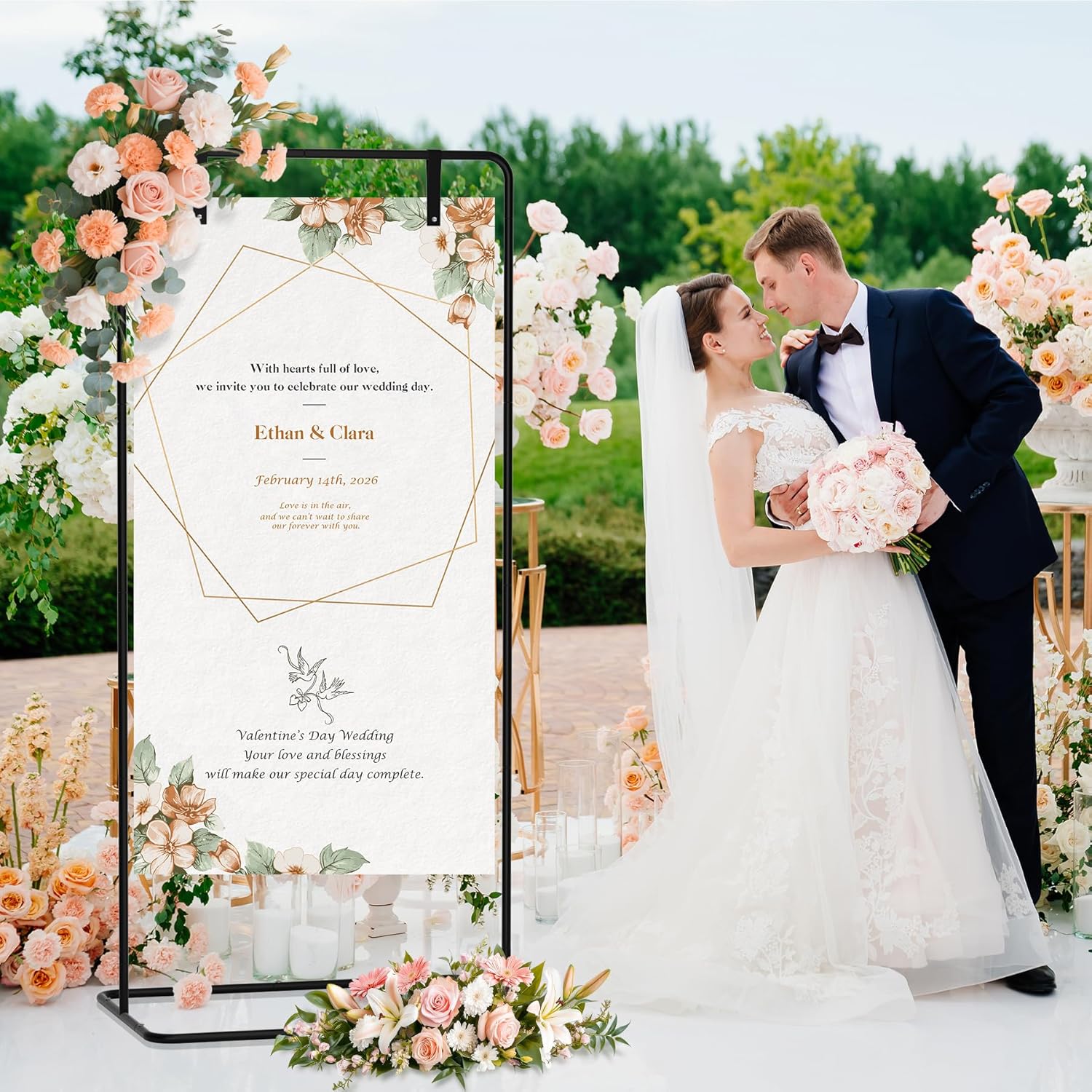 Babenest Welcome Sign Stand, Black Adjustable Metal Linen Sign Holder with 4 Ground Stakes & 2 Leather Straps, Wedding Banners & Posters for Baby Bridal Valentine Standing Display (Without signs)