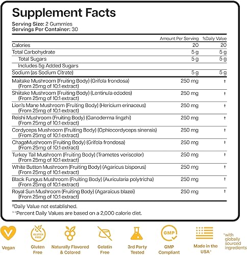 Vista 2 de Complejo de gomitas veganas para hongos – 10 hongos melena de leones, cola de pavo, cordyceps, Reishi, Shitake y Chaga – Suplemento de enfoque