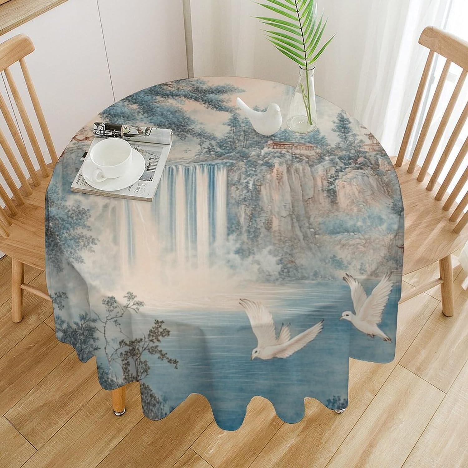 Coastal Mountain Birds Round Tablecloths, Classic Waterfall Tower Washable Holiday Decor Table Cover for Kitchen, Dining, Party, 36Inch