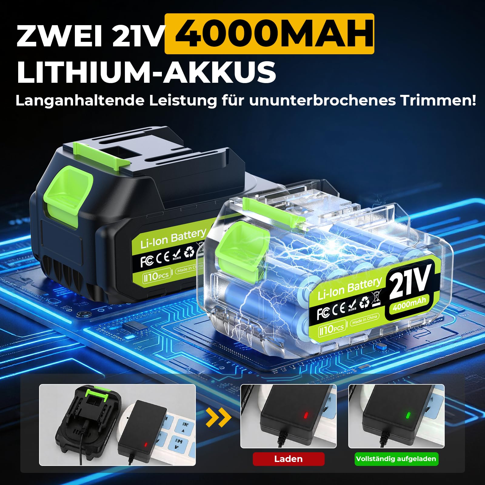 Heckenschere Akku, 50cm Elektrische Heckenschere für Makita Akkus, 800W Heckenschere mit 2 * 4000mAh Akku & Ladegerät, 16 mm Zahnabstand Dual Schnittklingen, Leicht für Garten, Hecken, Sträucher
