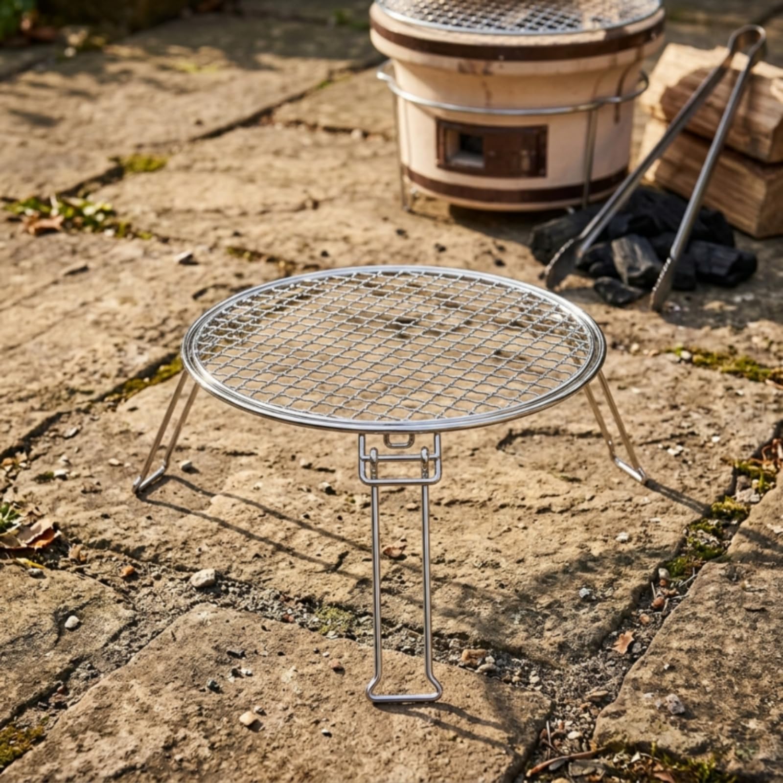 Outdoor Folding Grill Griglia da Campo Pieghevole Tonda Graticola Portatile con Gambe Collassabili Struttura Compatta Acciaio Inox Superficie