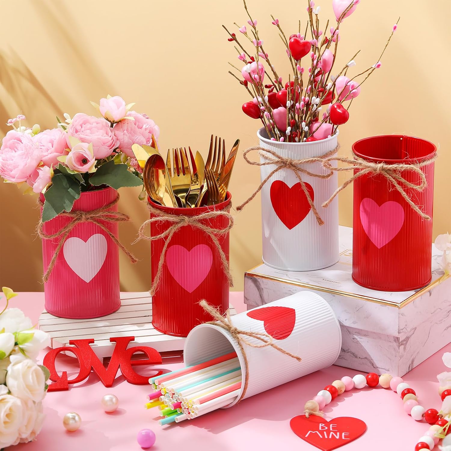 Domensi 6 Pcs Valentine's Day Vases Decor Valentines Table Centerpiece Red Pink Heart Galvanized Metal Vases for Flowers Utensil Holder Jar for Kitchen Home Wedding Galentine's Day Party Decorations
