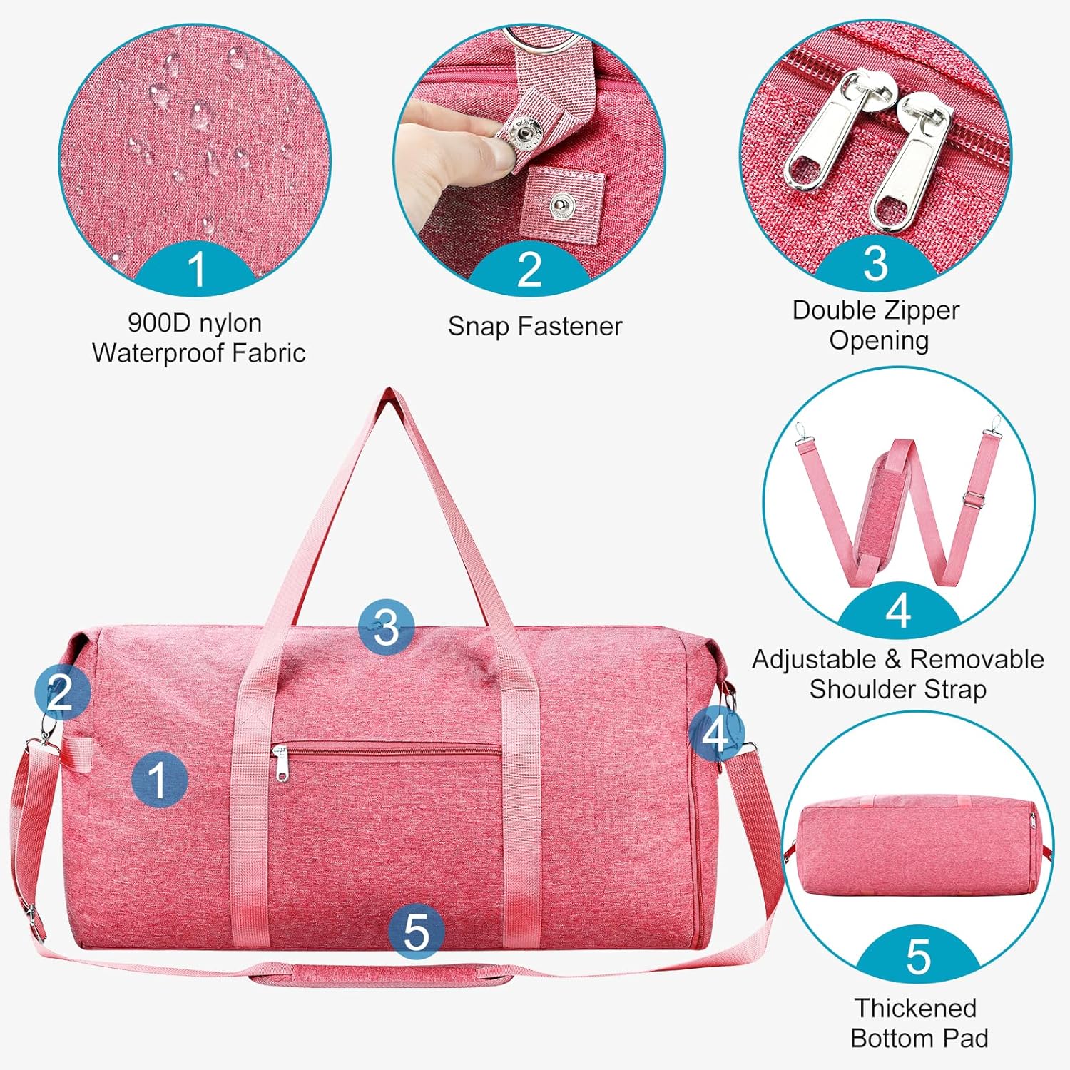Carry on luaggage 22x14x9 Airlines Approved, Foldable Travel Duffel Bags Weekender Overnight Carry on Duffel Luggage Gym Duffle Bag with Wet Pocket & Shoe Compartment for Women Men(Pink, 40L) - Image 6