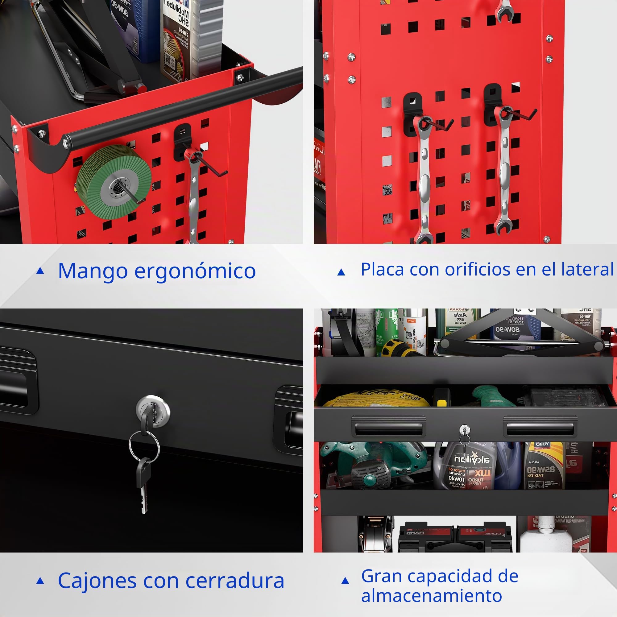 SUPEER Carro de taller con ruedas para taller, 78 x 35 x 70 cm, con cajón con cerradura y tabla de pegboard, 4 ganchos, taller, capacidad de carga de 150 kg (rojo)
