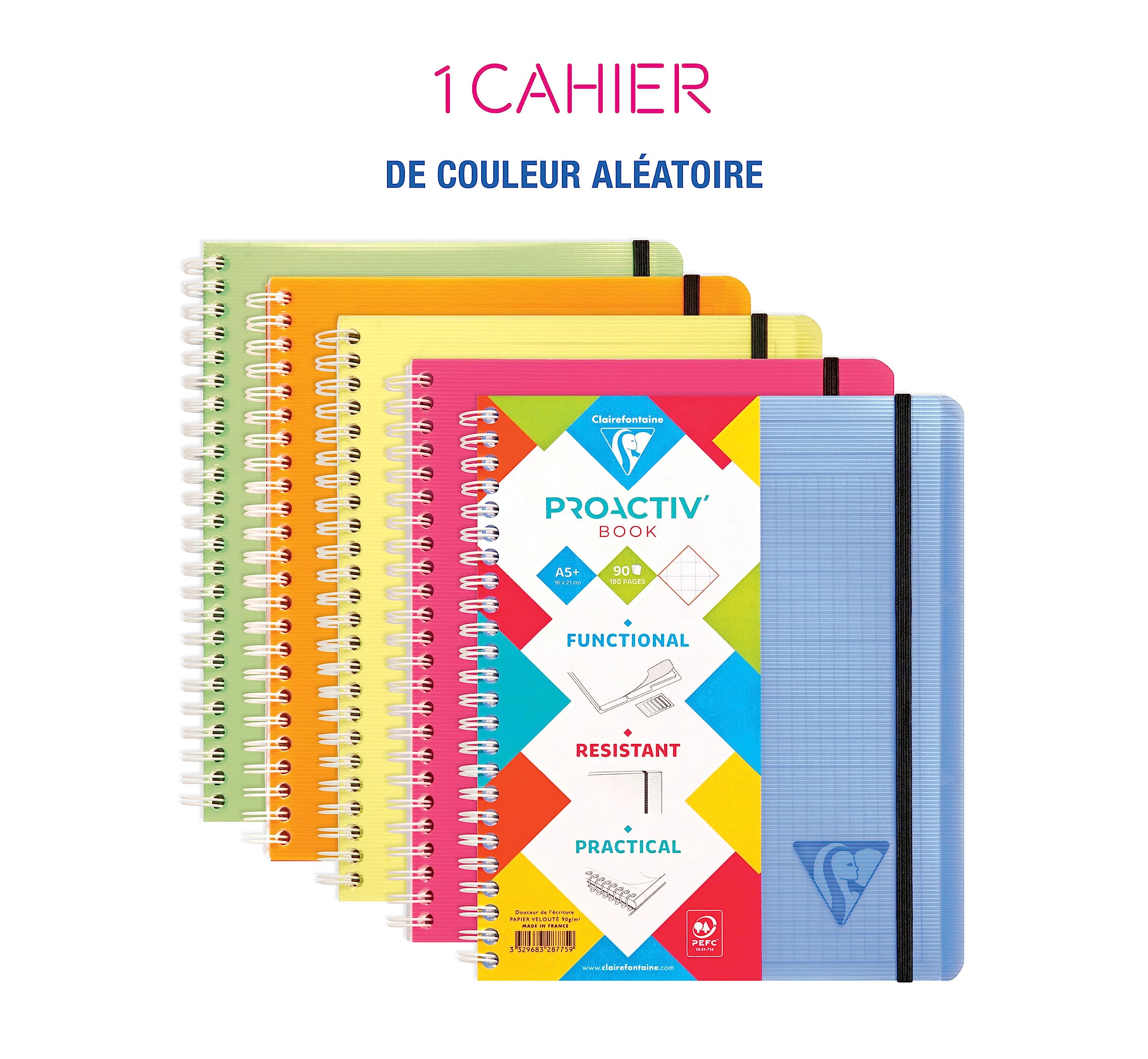 Clairefontaine Linicolor Fresh Proactiv'Book Cahier-Trieur à Spirale A5+ 16x21 cm 180 Pages Détachables Petits Carreaux Cadrées Papier Blanc 90 g Couverture Polypro