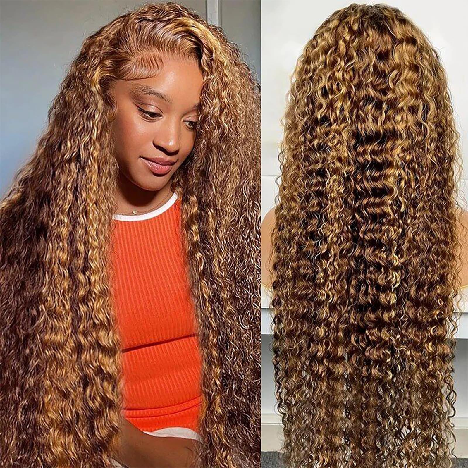 ABSFWIW 34 Inch Highlight Ombre Lace Front Wig Human Hair 13x6 HD Honey Blonde 4/27 Deep Wave Lace Front Wigs 200% Density Colored Deep Curly Lace