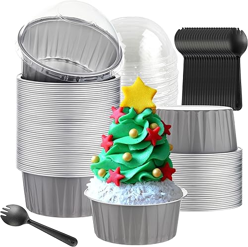 Miniatura 71 de 50 moldes para hornear con tapas, mini moldes de aluminio de 4 onzas con tapas, moldes desechables, moldes individuales para tartas, forros