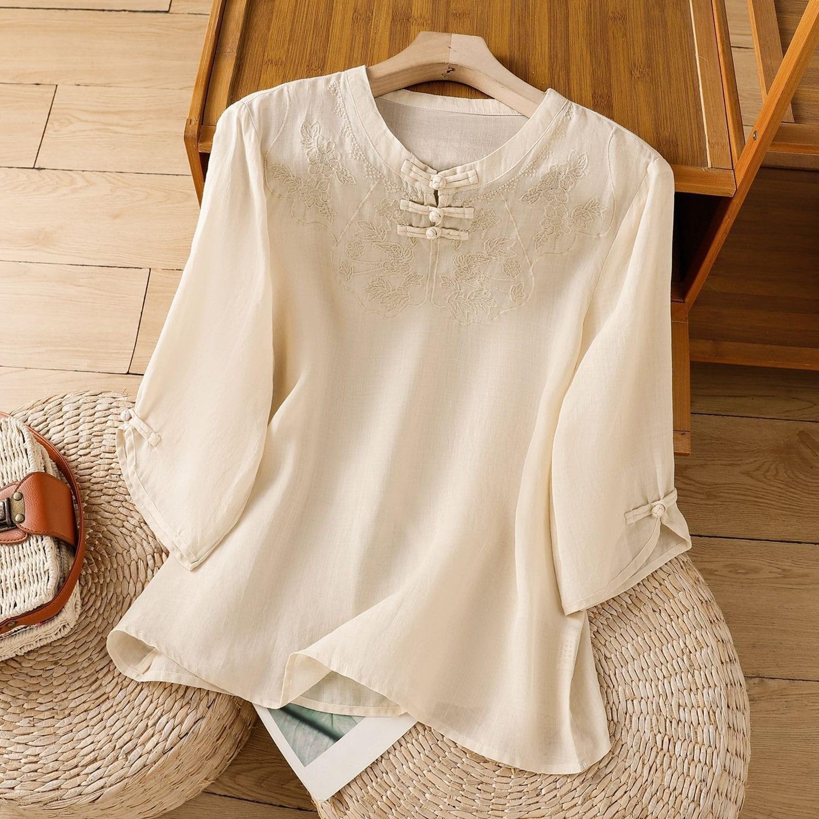 Elegant Women's T Shirts with Vintage Embroidery Classic Round Neck Casual Comfortable Tee for Everyday Wear (Beige, M)