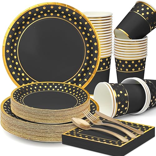 Black Gold Paper Plates and Napkins Tableware Set,175Pcs Party Supplies Including Paper Plates,Dessert Plates,Napkins,Cups,Forks,Knives,Spoons,for