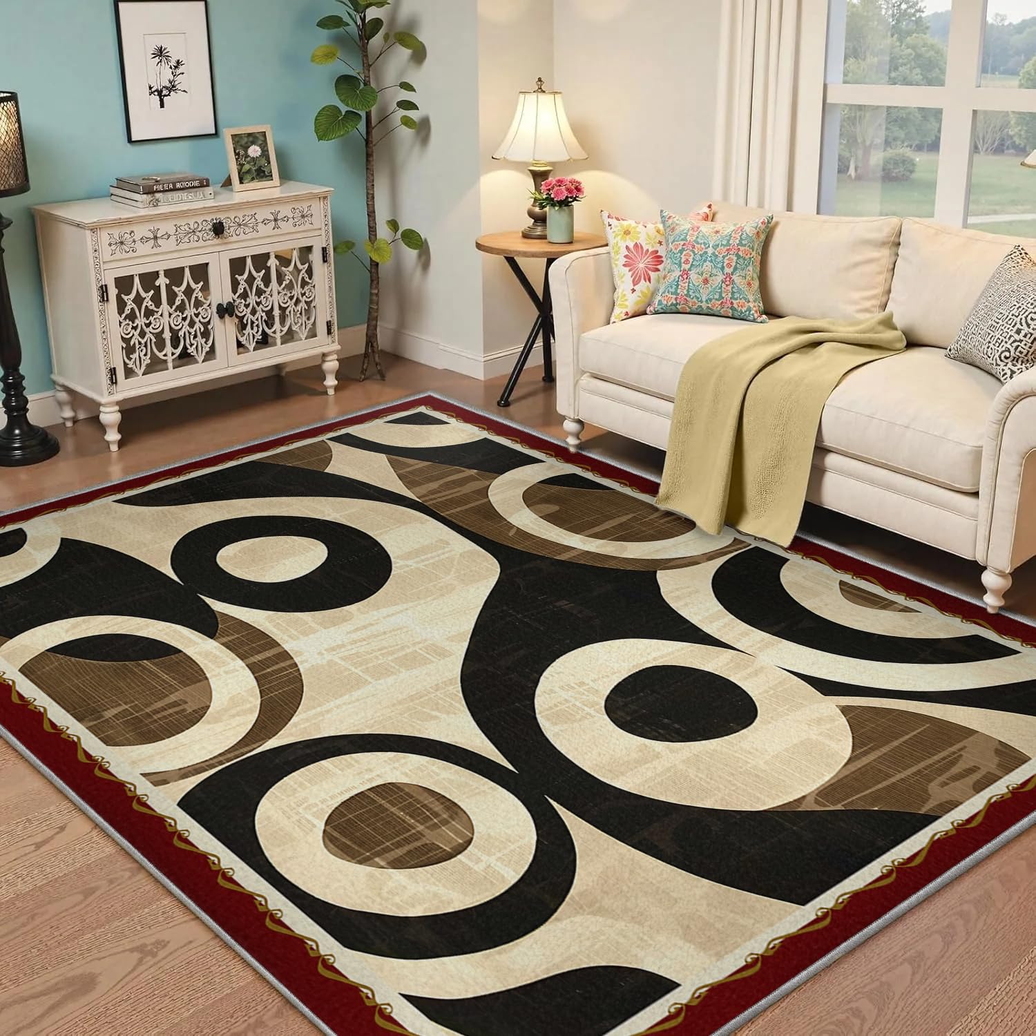 120x180 Waschbarer Teppich für Wohnzimmer Niedrigprofil-Kreis-Geometrische Flächenteppiche ultradünne abstrakte Teppiche Schlafzimmer modern rutschfest Bodenteppich leicht