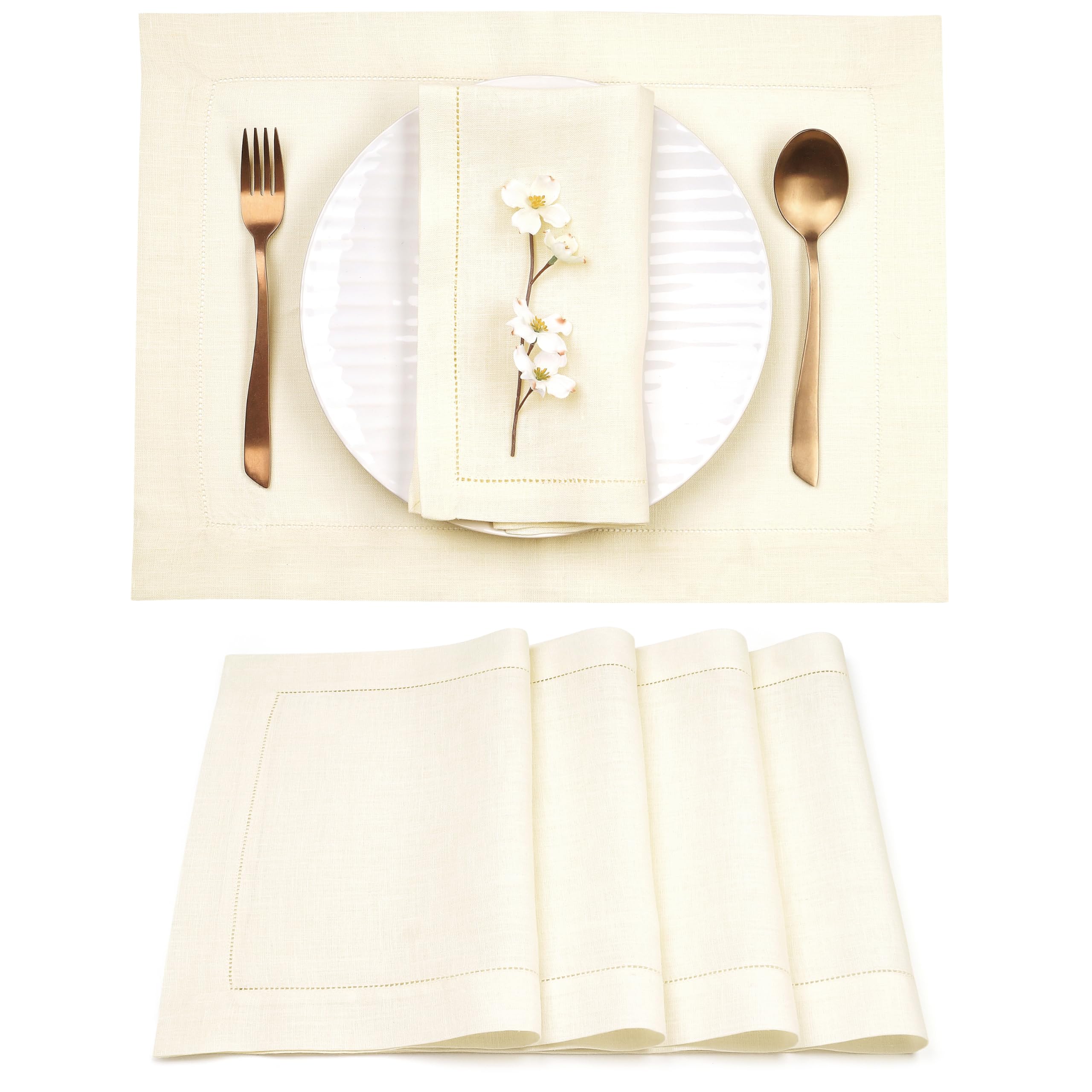 Signature Linen™ by D'Moksha Cloud Cream Placemats Set of 4, 36 x 48 cm Table Mats, 100% Pure Linen, Hemstitch, Machine Washable Table Mats- Spring, Summer — image 1