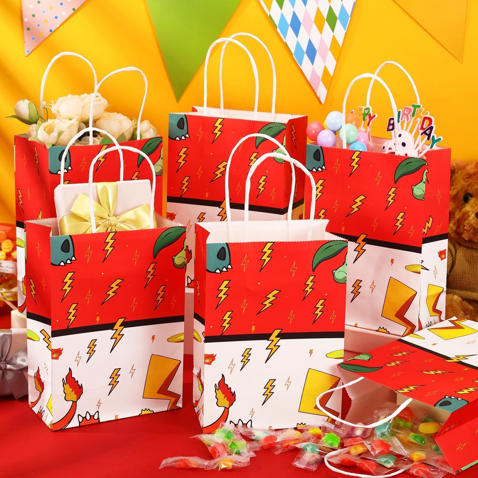 Joottuan 24 Pcs Cartoon Paper Bags Animation Party Gift Bags Red Kraft Treat Bag with Handle Birthday Party Supplies Paper Goodie Bag for Birthday Theme Supplies Baby Shower Decorations