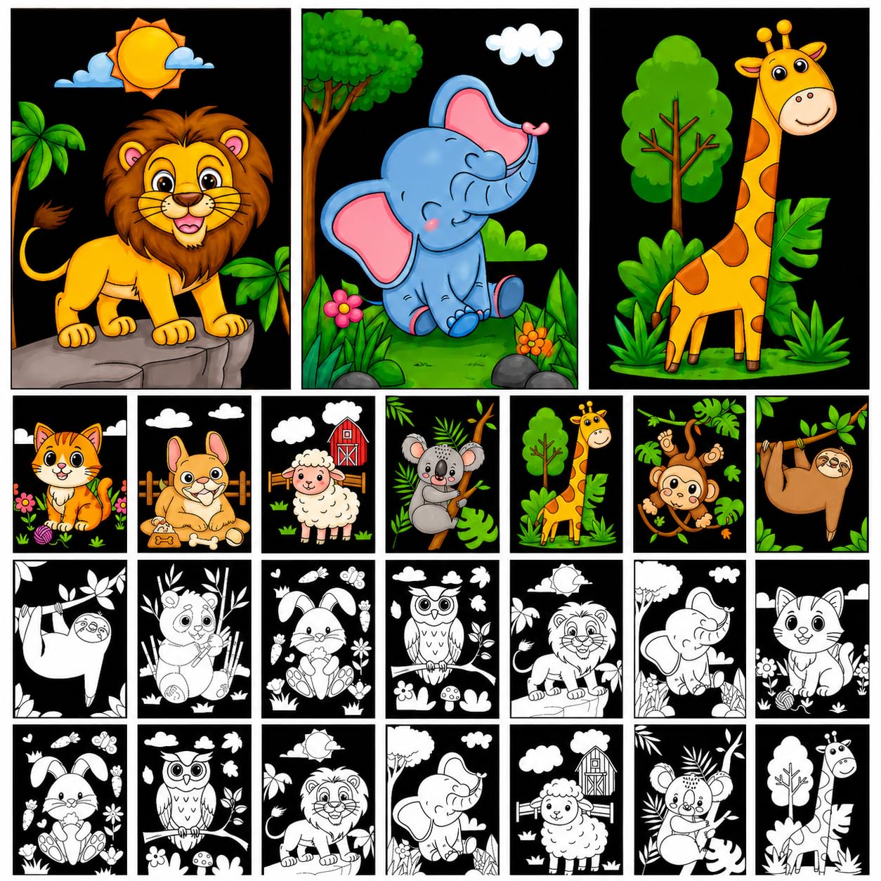 Cinrobiye 48 Pcs Velvet Coloring Posters Cute Animals Fuzzy Posters to Color Bulk Felt Coloring Page Craft for Adults, Teens and All Ages, Classroom, Assisted Living Stress Relief Activities