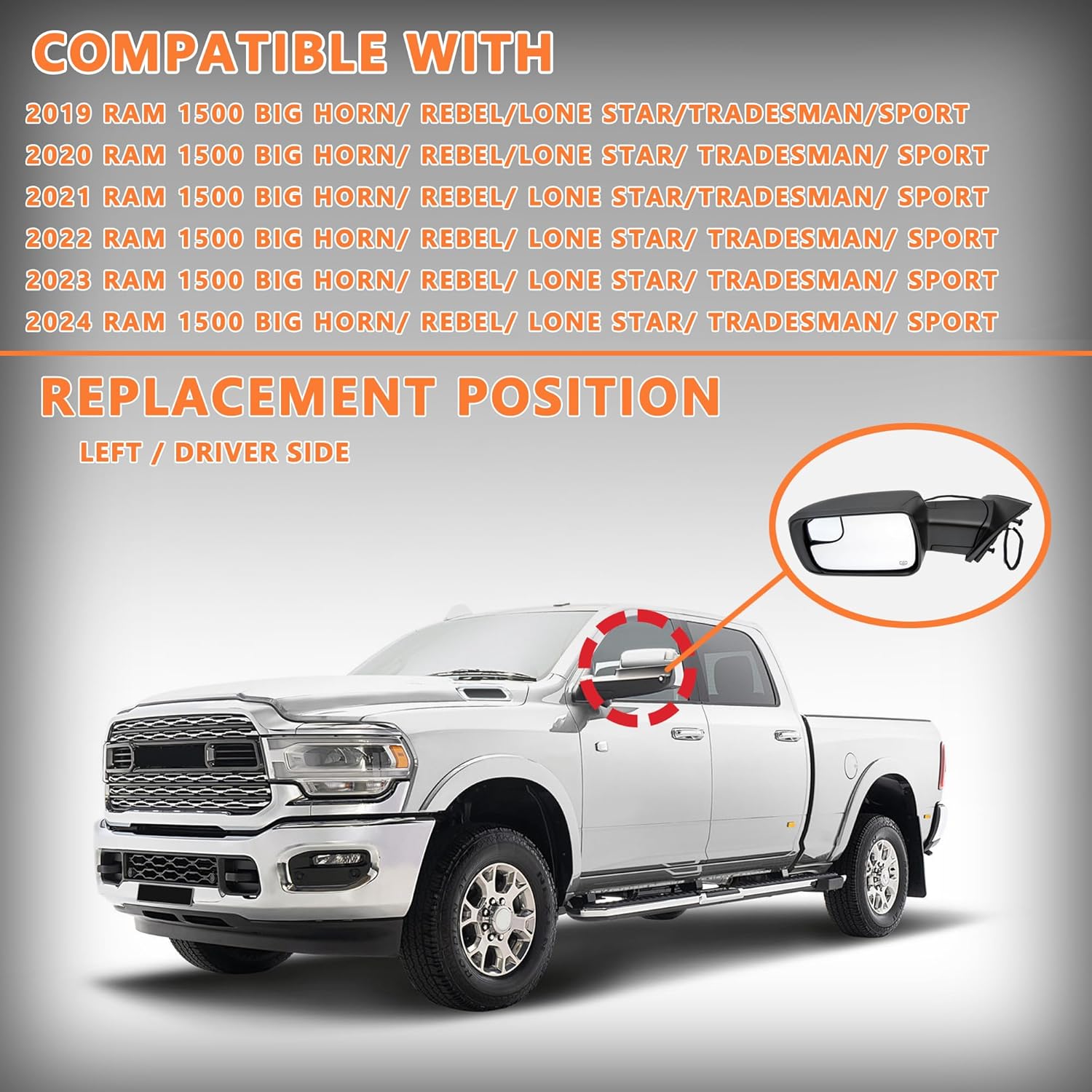 Rearview Mirror Left Driver Side Compatible with Ram 1500 2019-2024 Door Mirror Temp Sensor/Heated Glass/Signal Light/Puddle Light/Power Folding/Black Texture Cover (14pins)