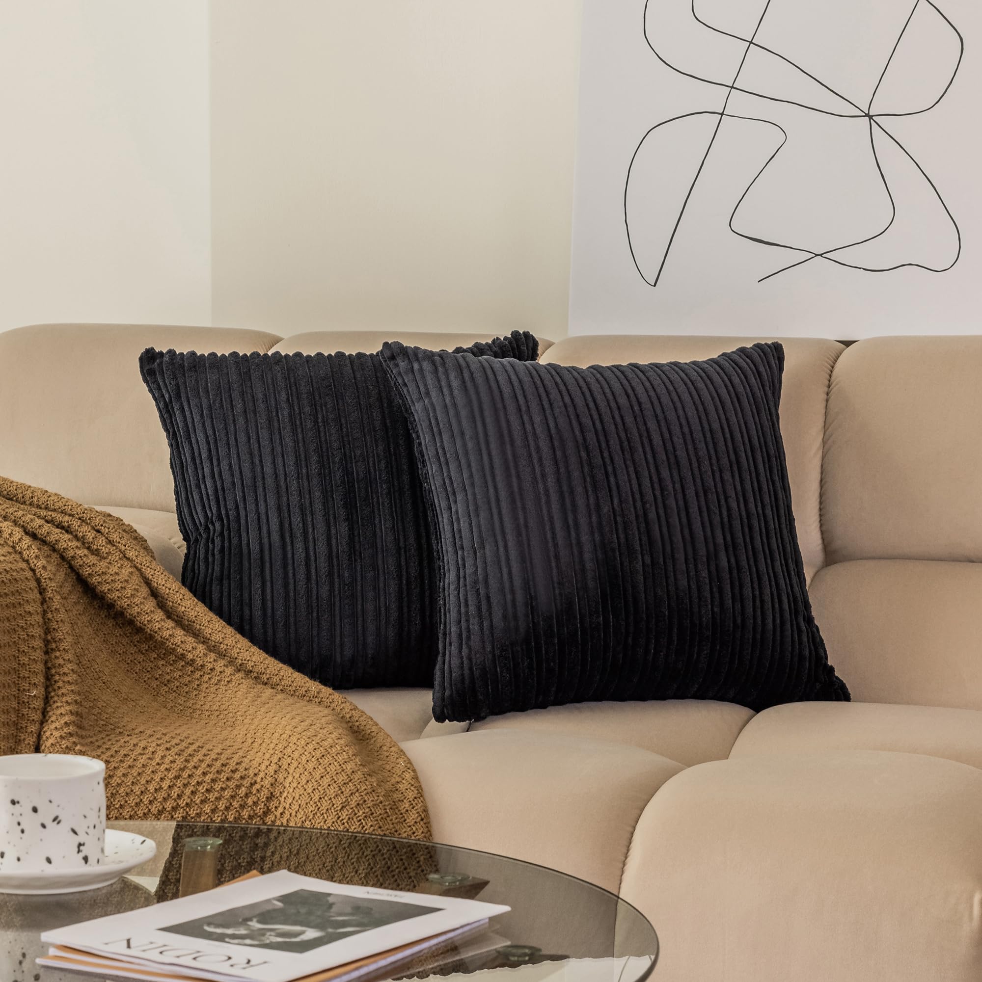 Kevin Textile Corduroy Cushion Covers 45 x 45 cm Set of 2, Soft Stripe Decorative Cushions Covers 18x18 Inch with Invisible Zipper for Chair Couch Sofa Bedroom, Black โ image 1
