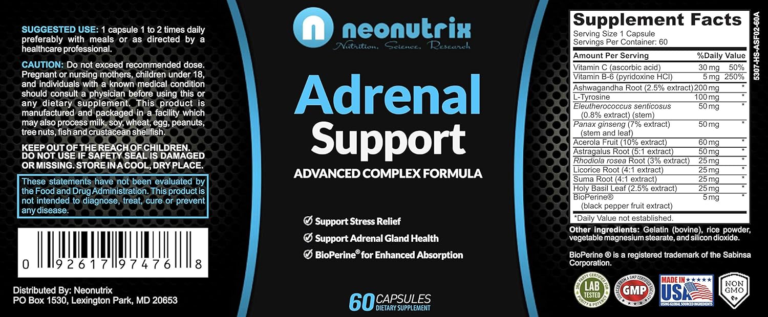 Bеѕt Dеаl Adrenal Support - Cortisol Management Pills Stress Relief Formula with Complex of Vitamin C, B6, Ashwagandha Root & L-TYROSINE- Fatigue Supplement Specially for Men and Women 60 Capsules by Neonutrix