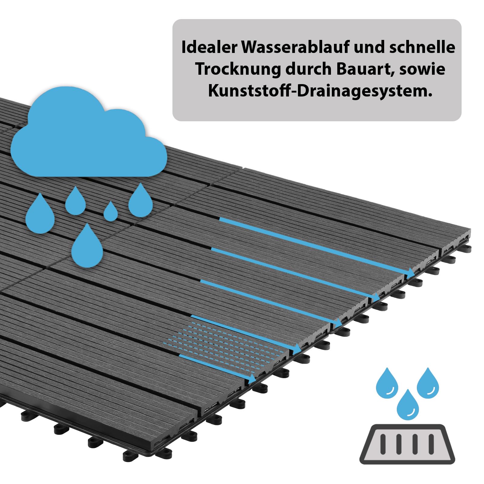 Montafox WPC Fliesen 30 x 30 cm 22 Stück / 2m² Grau Terrassenfliesen Klicksystem Fliese Holzoptik Bodenbelag Klickfliesen Terrasse Balkon, Größe (Fläche):2 m² | 22 Fliesen, Farbe:Grau