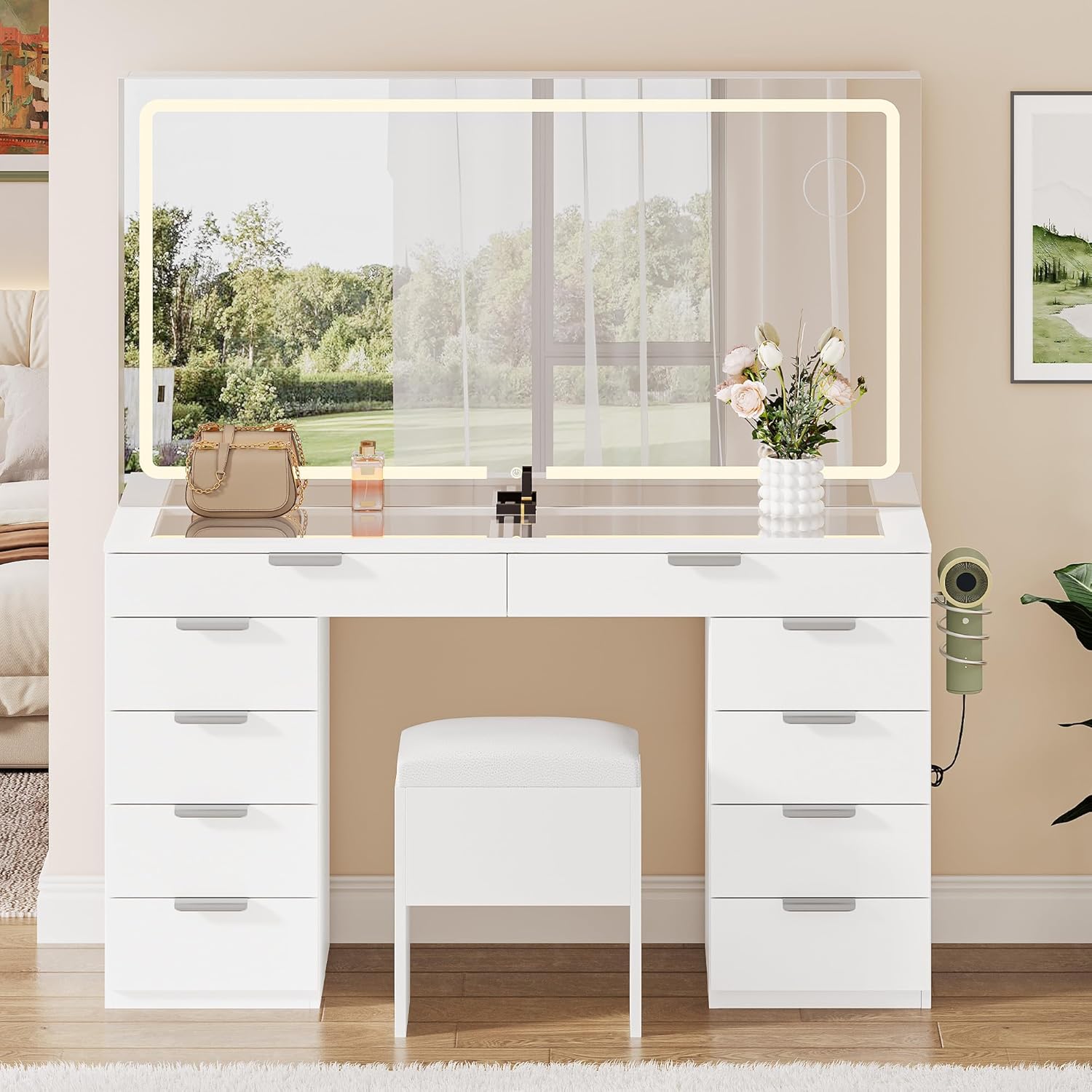 YITAHOME Vanity Set, Makeup Vanity Desk with Adjustable LED Mirror, Power Outlets, 10 Drawers, Magnifying Glass, Tempered Glass Top, Hairdryer Holder, Stool for Bathroom, Makeup Room YITAHOME Vanity Set, Makeup Vanity Desk with Adjustable LED Mirror, Power Outlets, 10 Drawers, Magnifying Glass, Tempered Glass Top, Hairdryer Holder, Stool for Bathroom, Makeup Room