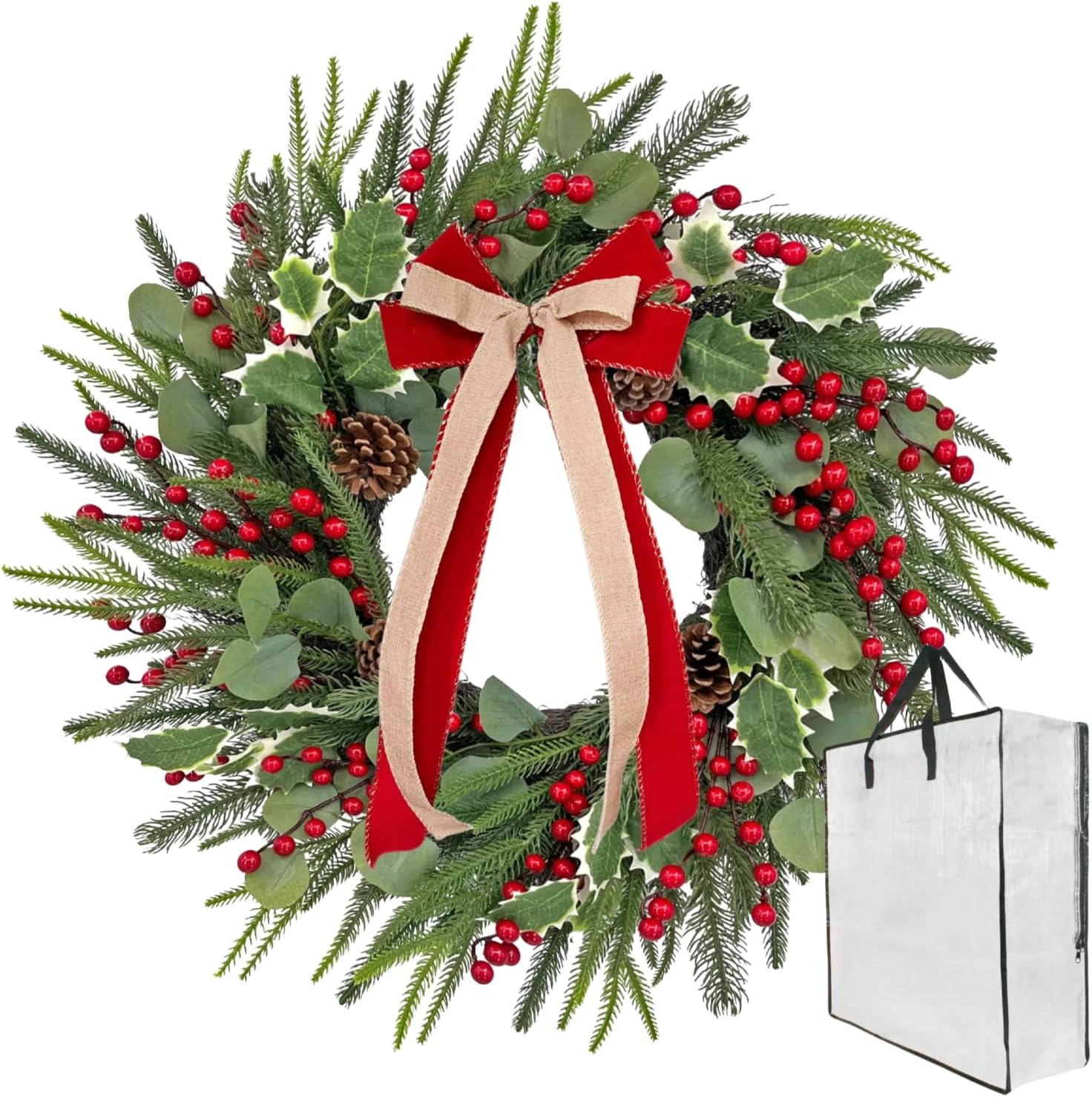 Front-Door Christmas Wreaths with Bow: 24 Inch Red Berry Pine Wreath Comes with Storage Bag - Durable Outdoor Winter Wreath Creating Warm Xmas Vibes - Easy Storage & Gifts Ready Instantly
