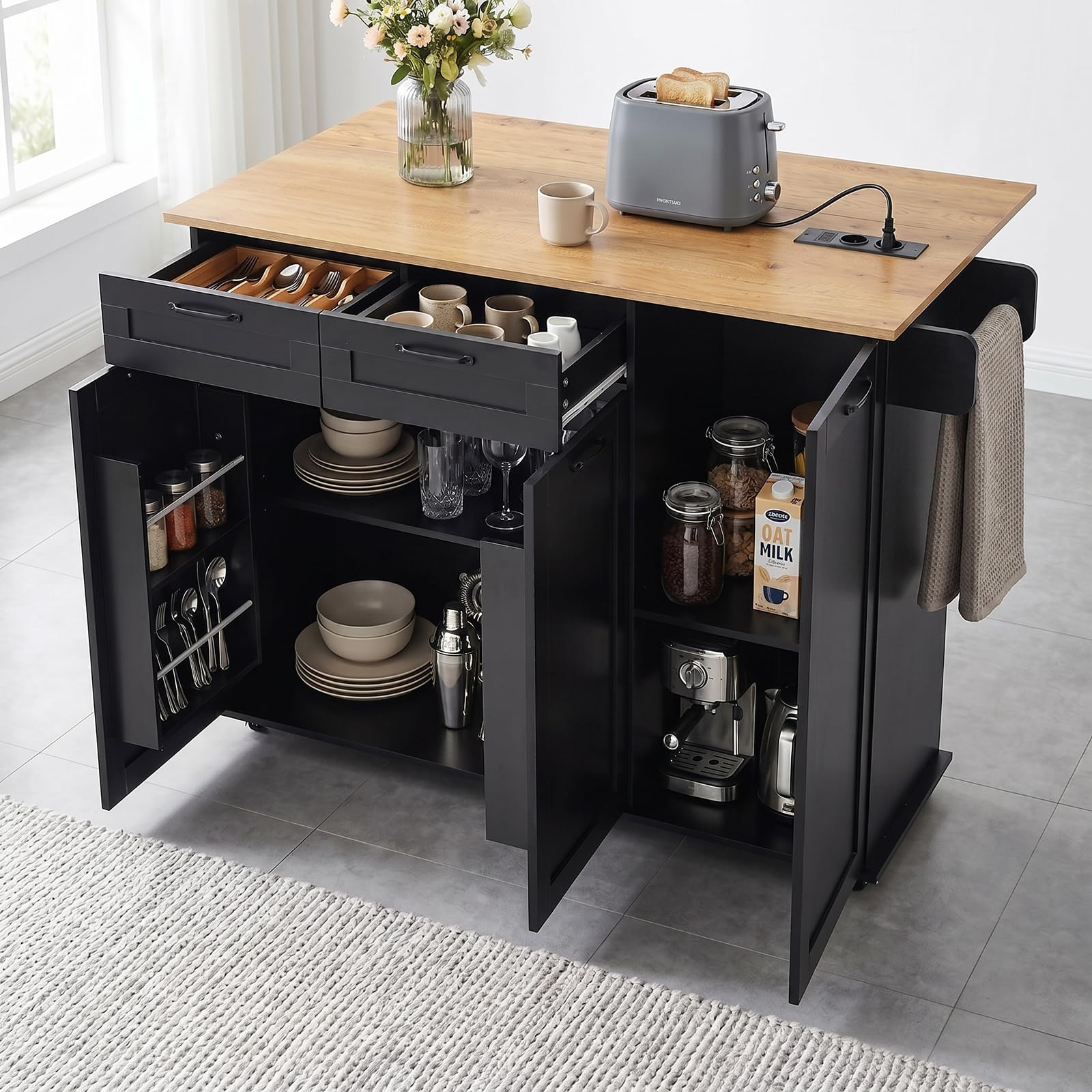 Carrello da Cucina con Ruote, Isola da Cucina con Piano Ribaltabile, Con Prese Elettriche e Porte USB, 119,5 x 74 x 94 cm, Carrello Salvaspazio per Cucina e Soggiorno, Nero
