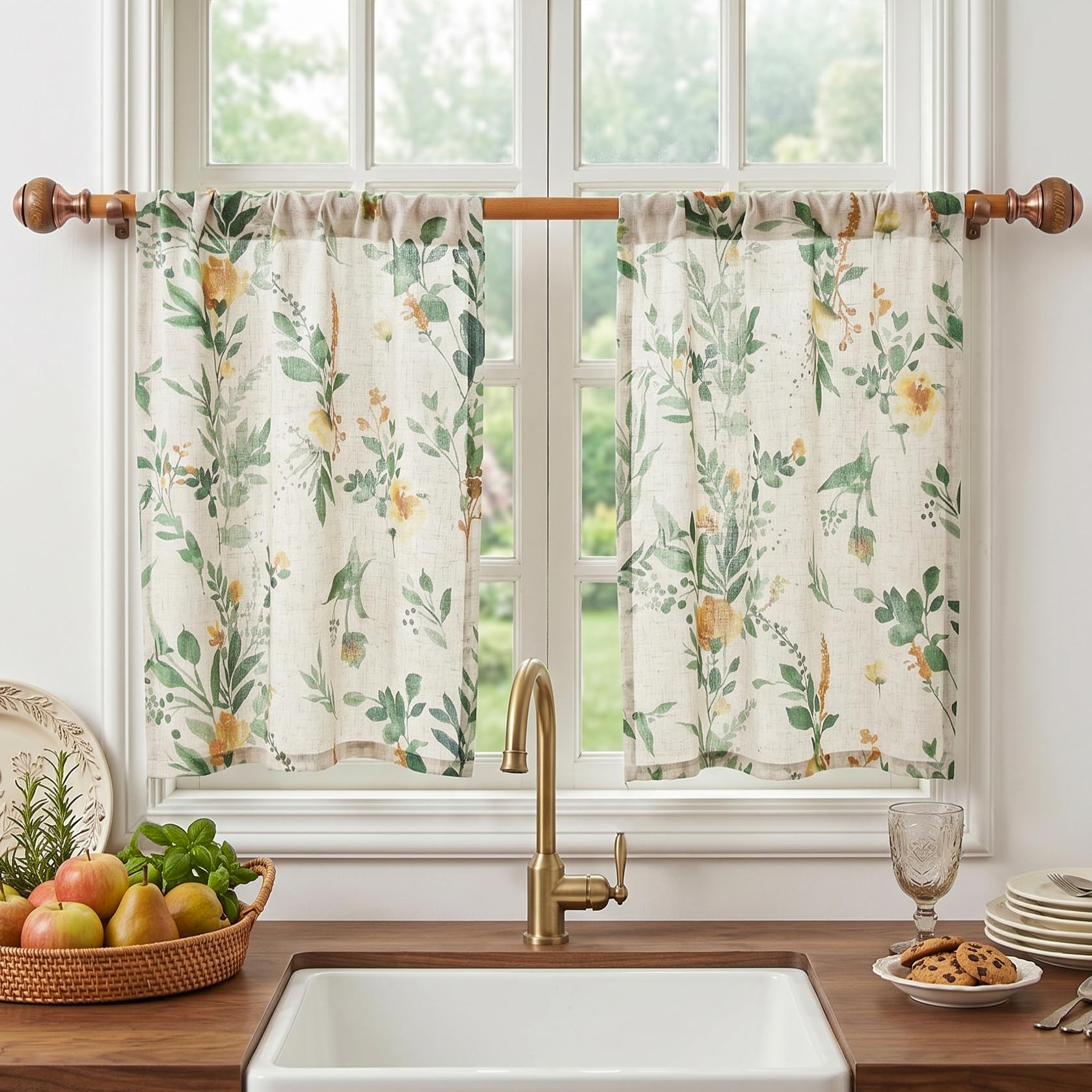 MYSKY HOME Floral Kitchen Curtains 30 Inches Linen Tier Curtains 2 Panels