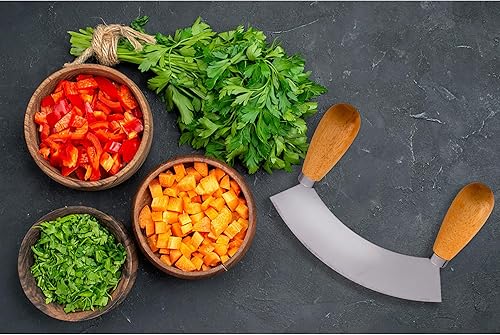 Miniatura 3 de HIC Kitchen Mezzaluna - Picador mecedor y cuchillo de picar con asas dobles, acero inoxidable, madera de caucho, para hierbas, verduras, nueces y más
