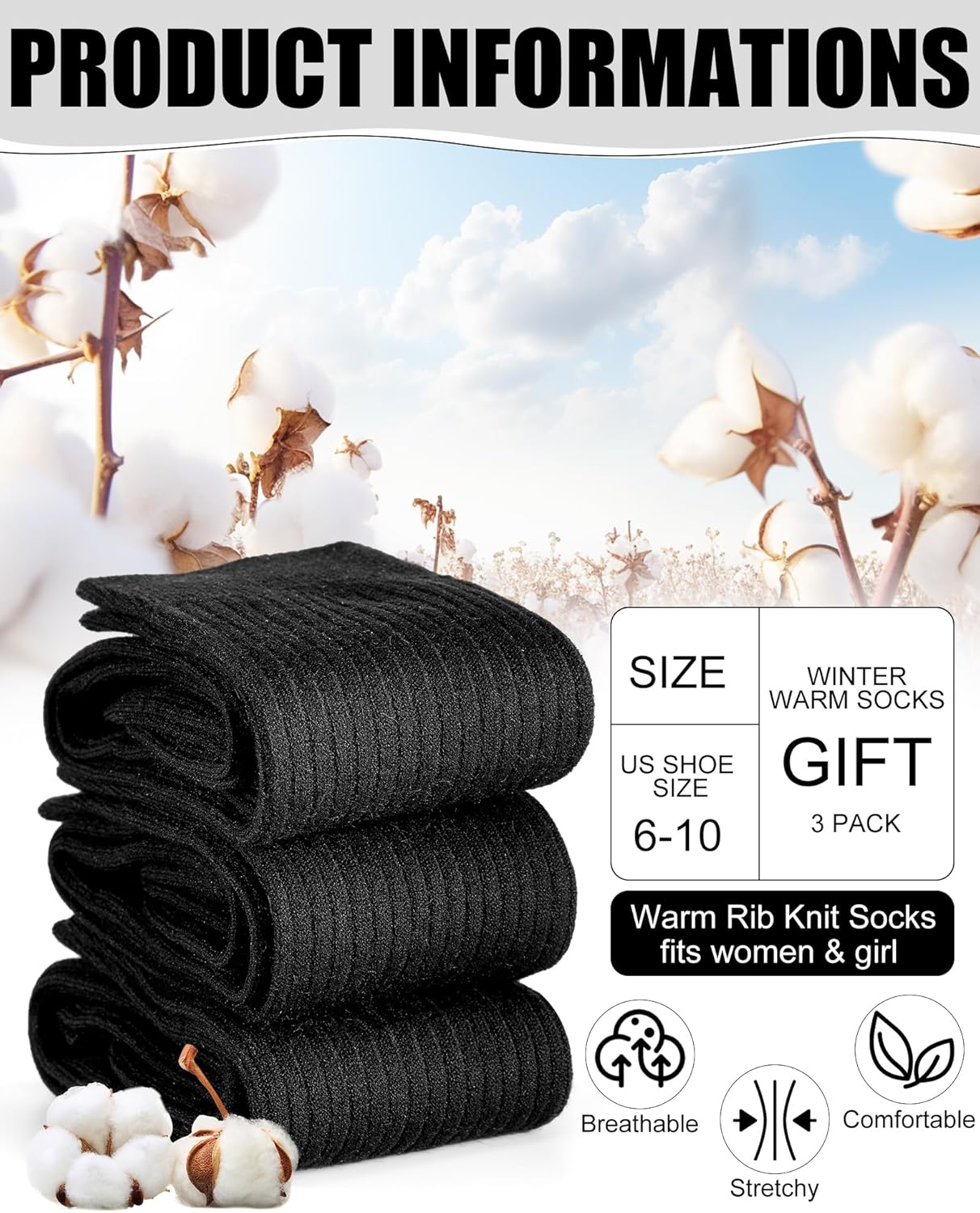 Shihanee 3 Pairs Winter Women Knee High Socks Long Ribbed Knit Slouchy Boot Socks Warm Gifts for Women Girls - Image 5