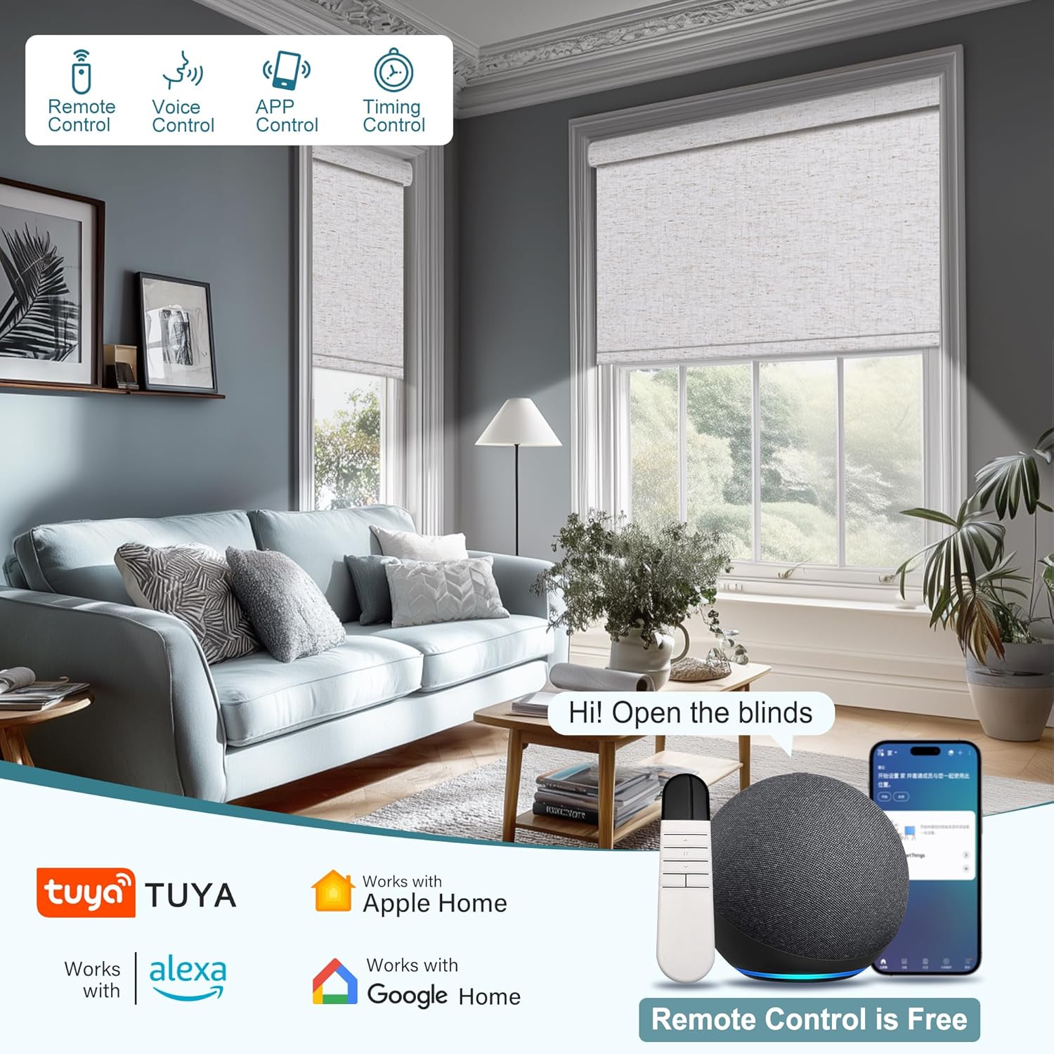 BERISSA Smart Motorized Blinds with Remote,APP/Voice Control Automatic Roller Shades for Indoor Windows,Blackout&Light Filtering Rechargeable Electric Window Blinds for Home,Office,Custom Color&Size