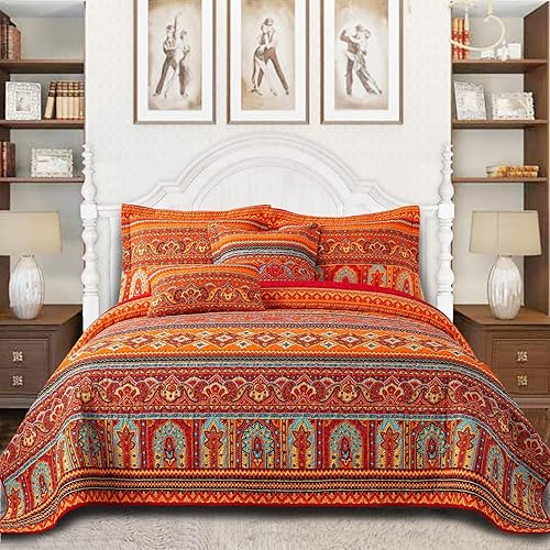 VAPUTAR Juego de ropa de cama de algodón tamaño King Juego de ropa de cama de 3 piezas tamaño King, colchas bohemias reversibles ligeras para