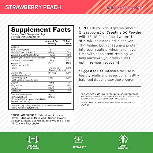 Miniatura 3 de Optimum Nutrition Creatina monohidrato Plus en polvo, mezcla de creatina con sabor a melocotón y fresa, con electrolitos para hidratación, vitaminas
