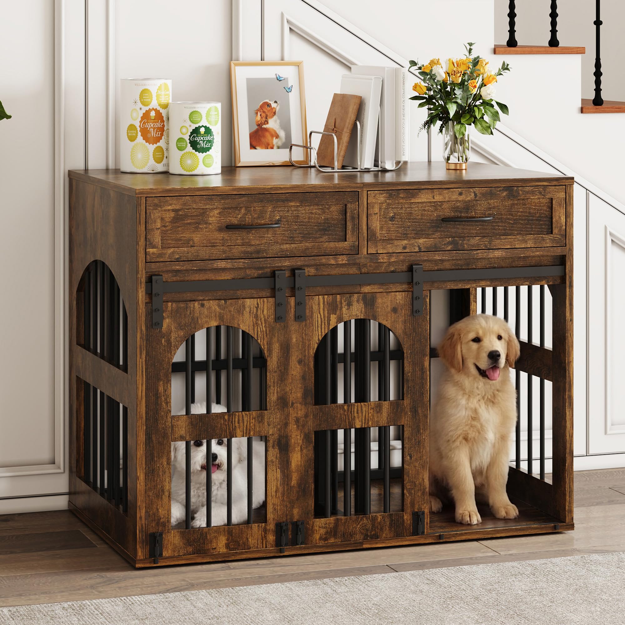 IRONCK Dog Crate Furniture, Heavy Duty Dogs Cage with 2 Drawers Removable Divider & Barn Door, Wooden Indoor Dog Kennel Side Table for 2 Small/Medium Dogs or 1 Large Dog, 106x68x88cm, Retro Brown