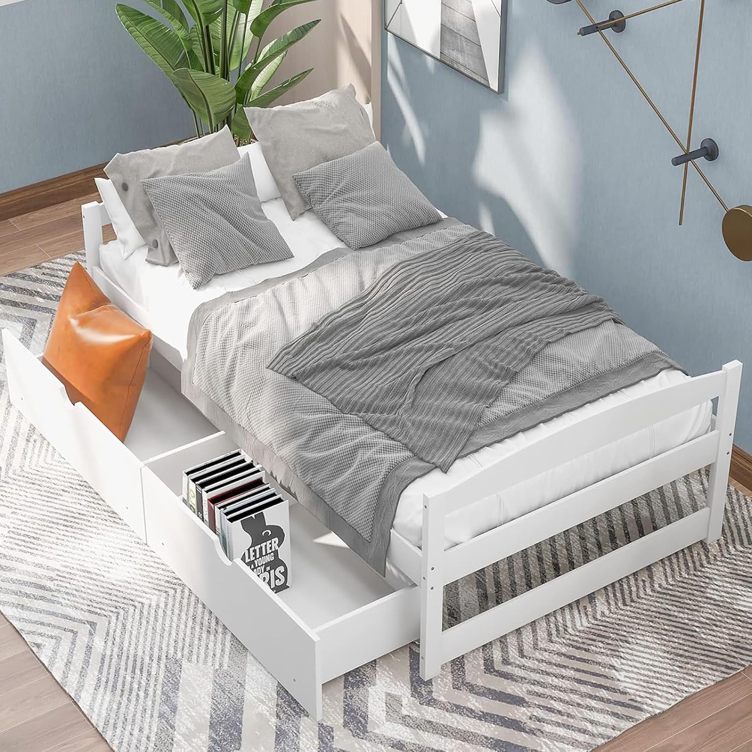 LostCat Twin Bed with Storage, Twin Size Daybed with 2 Drawers, Wood Storage Bed