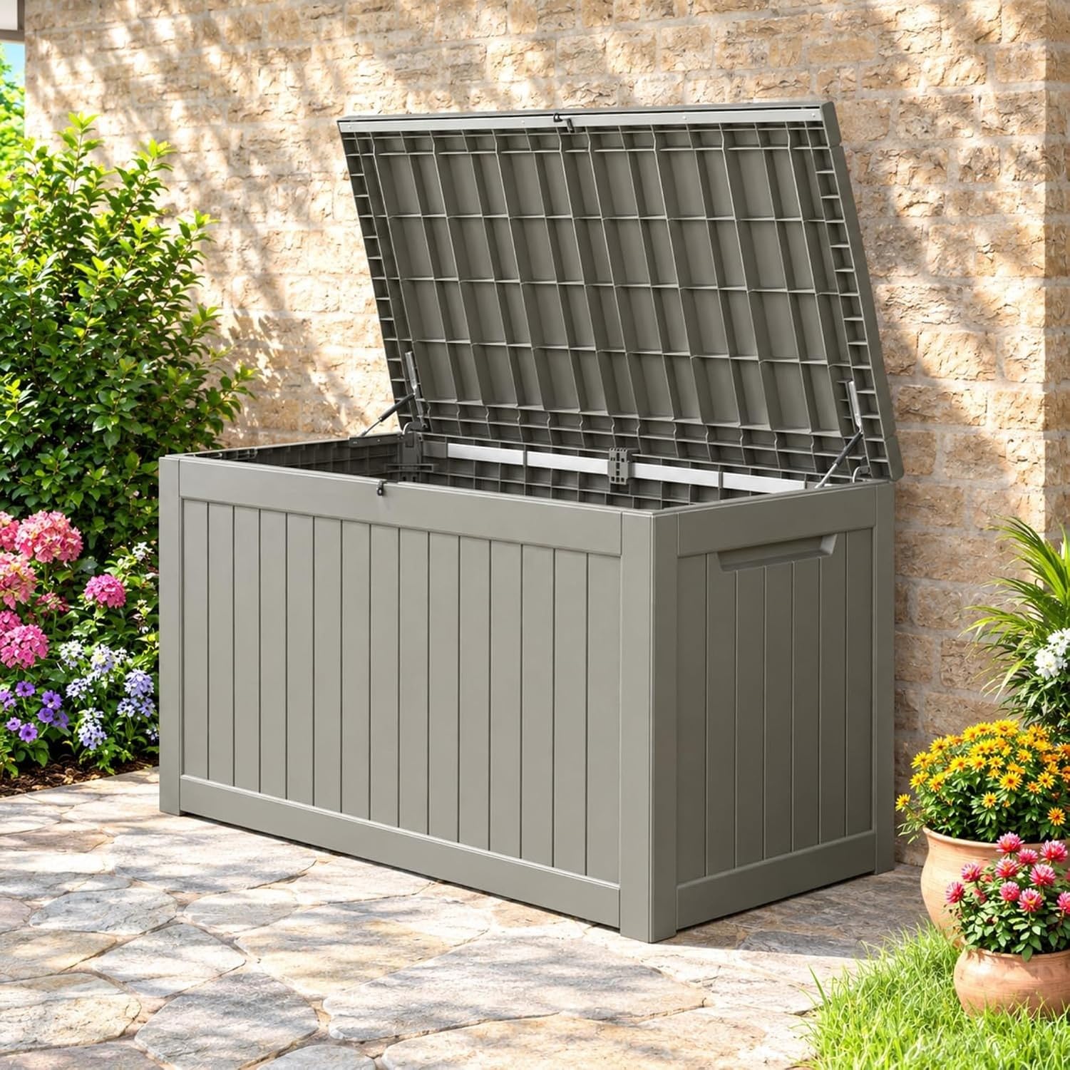 Baulera Exterior Impermeable 130L para Almacenaje Terraza, Rayado Gris