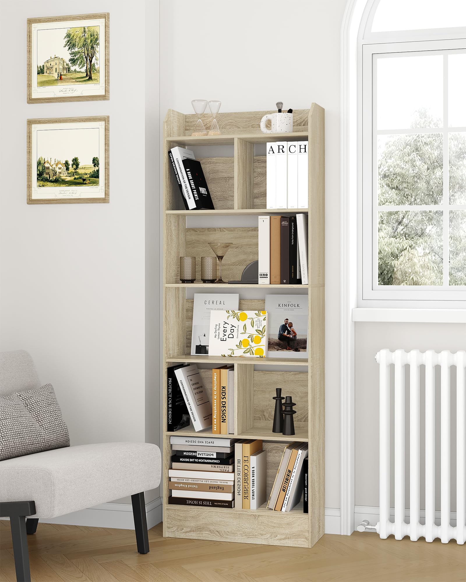 Hzuaneri Libreria a 6 Ripiani, Scaffale con Scomparti e Ripiani Aperti, Organizzatore, Libreria Verticale Mobiletto Multiuso per Soggiorno, Studio, 24 x 60 x 170 cm, Beige Rovere BC11116X