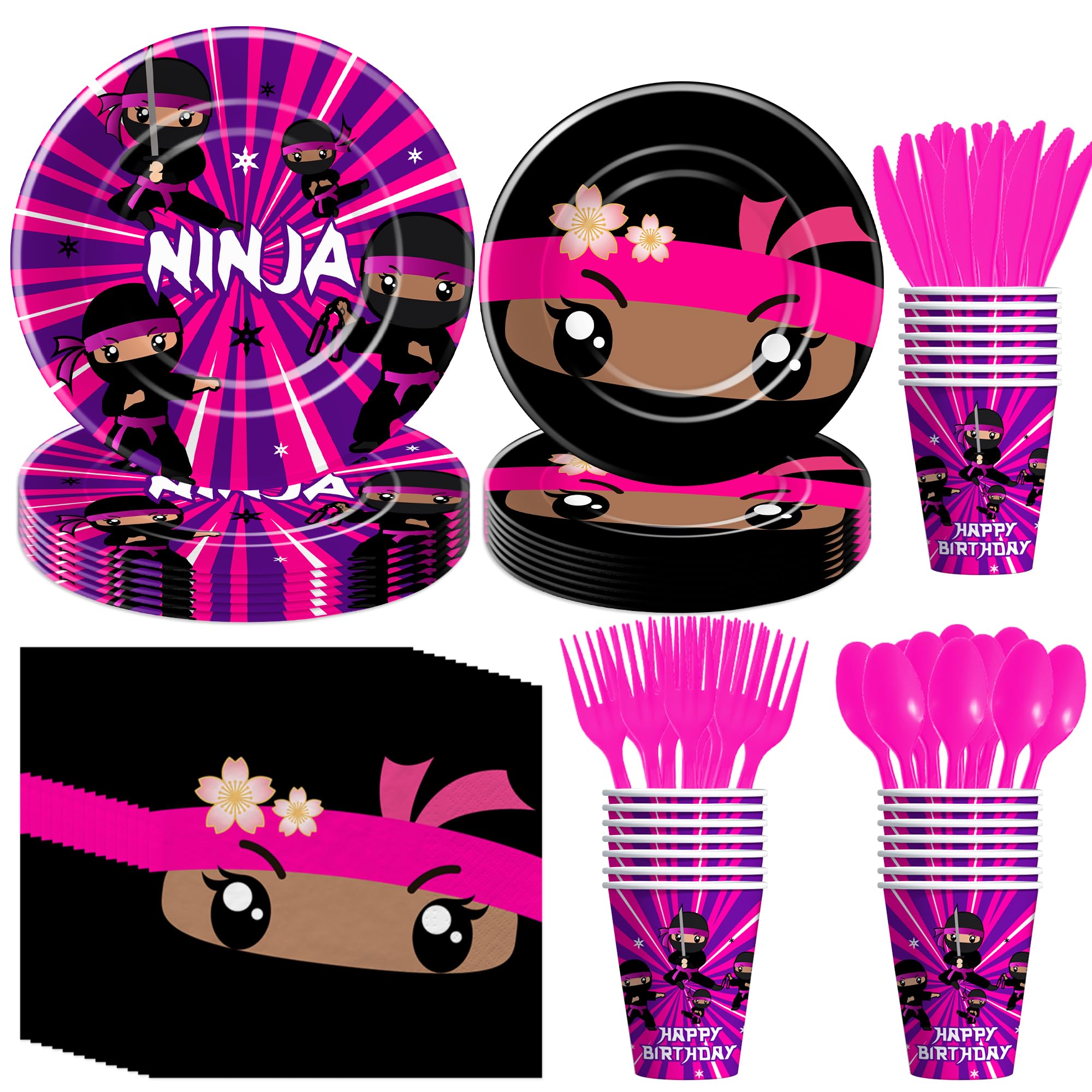 Suhelkit Ninja Birthday Party Decorations Tableware - Girl's Ninja Party Supplies, Paper Plate, Napkin, Cup, Disposable Cutlery, Pink Ninja Master Warrior Theme Birthday Table Decorations | 24 Guests