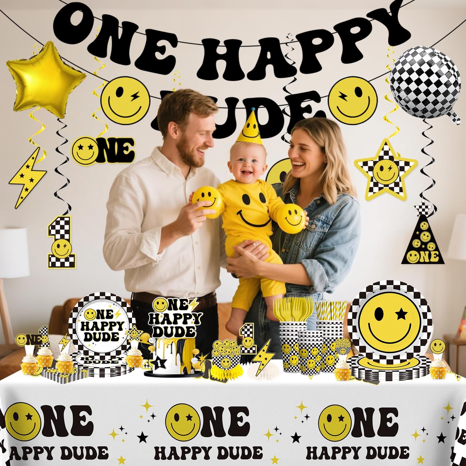 329pcs One Happy Dude Birthday Decorations Include One Happy Dude Plates and Napkins Set, Banner, Hanging, Tablecloth, Cupcake Topper, Balloon, for 1st Birthday Decorations Boy, Serves 50 - Image 7