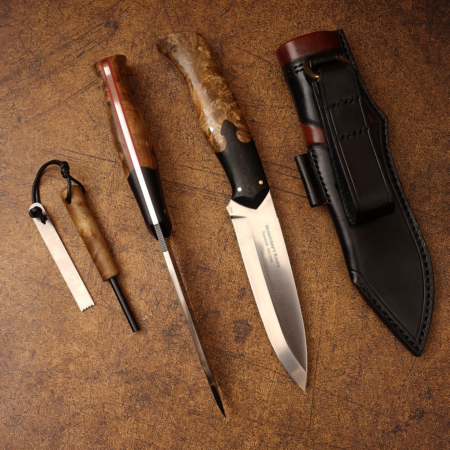 hand forged outdoor camping hunting knife with leather sheath and flint, Sandvik 14C28N steel blade, ergonomic white shadow wood handle
