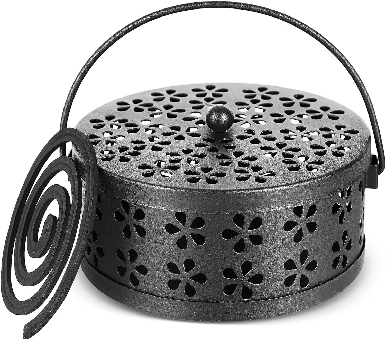 Portable Iron Mosquito Coil Holder with Handle Round Heat-Resistant Incense Holder (Black)
