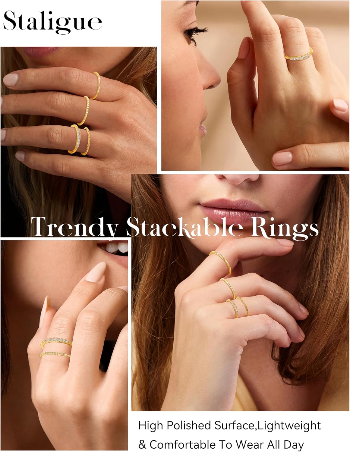 Staligue 14K Gold Plated Thin Stackable Rings for Women Non Tarnish-Dainty Thin Ring Set CZ Band Bead Minimalist Thumb Stacking Ring Size 6-10