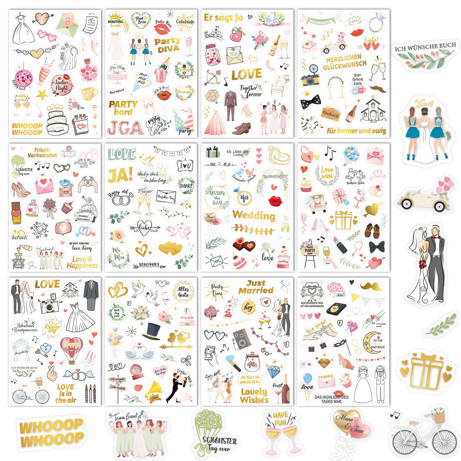 220 stuks hartvormige stickers, scrapbooking bruiloft, romantisch en waterdicht, bruiloftsstickers voor je plakboek, bullet journal of bruiloftsdecoratie, druk je liefde met genegenheid uit