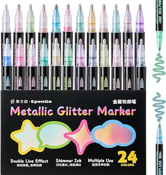 24 Colors Outline Markers, DIY Double Line Metallic for Artists