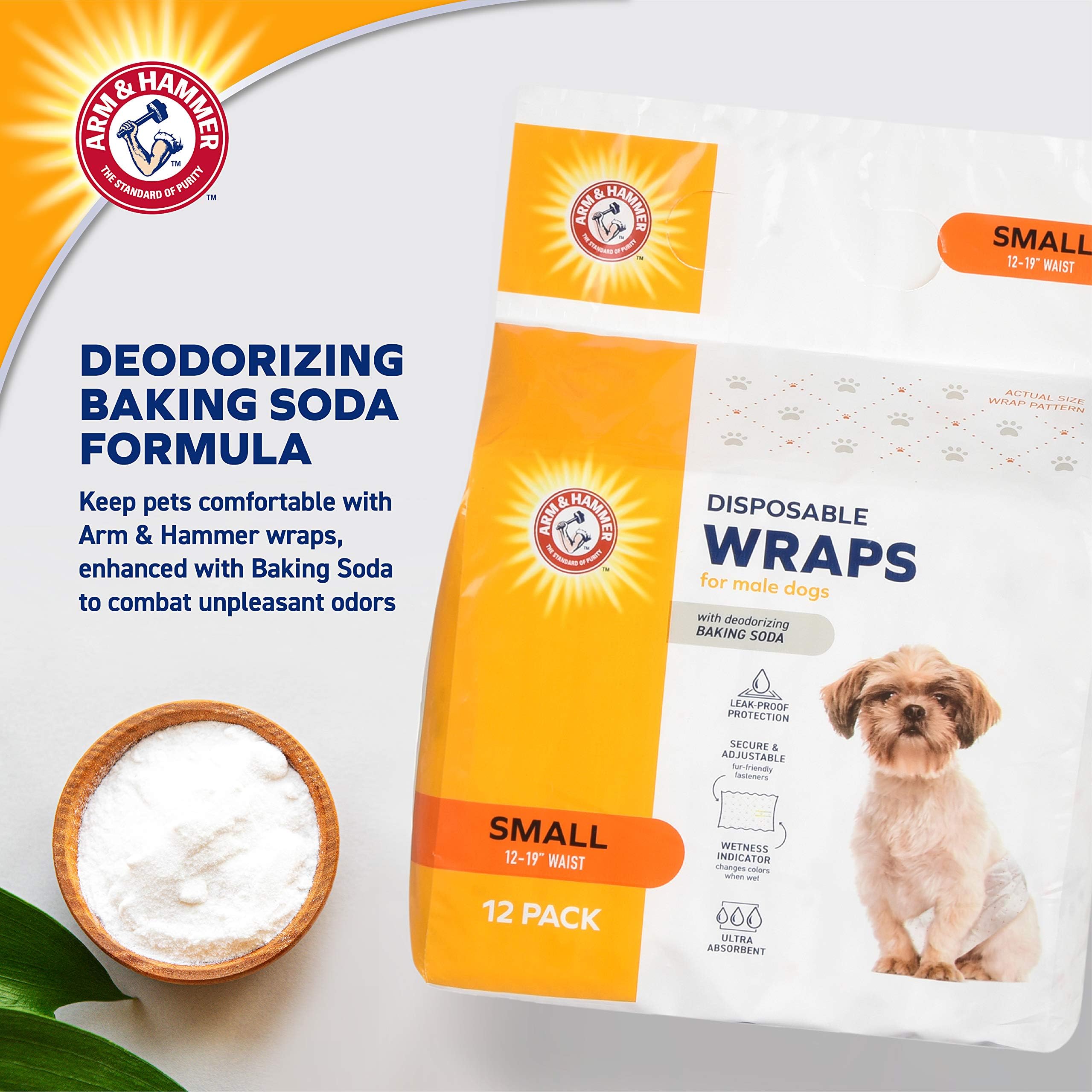 Arm & Hammer for Pets Male Dog Wraps, Size Small, 12 Count | Ultra-Absorbent, Adjustable Male Dog Diapers with Leak-Proof Protection and Wetness Indicator | Baking Soda for Odor Control 1