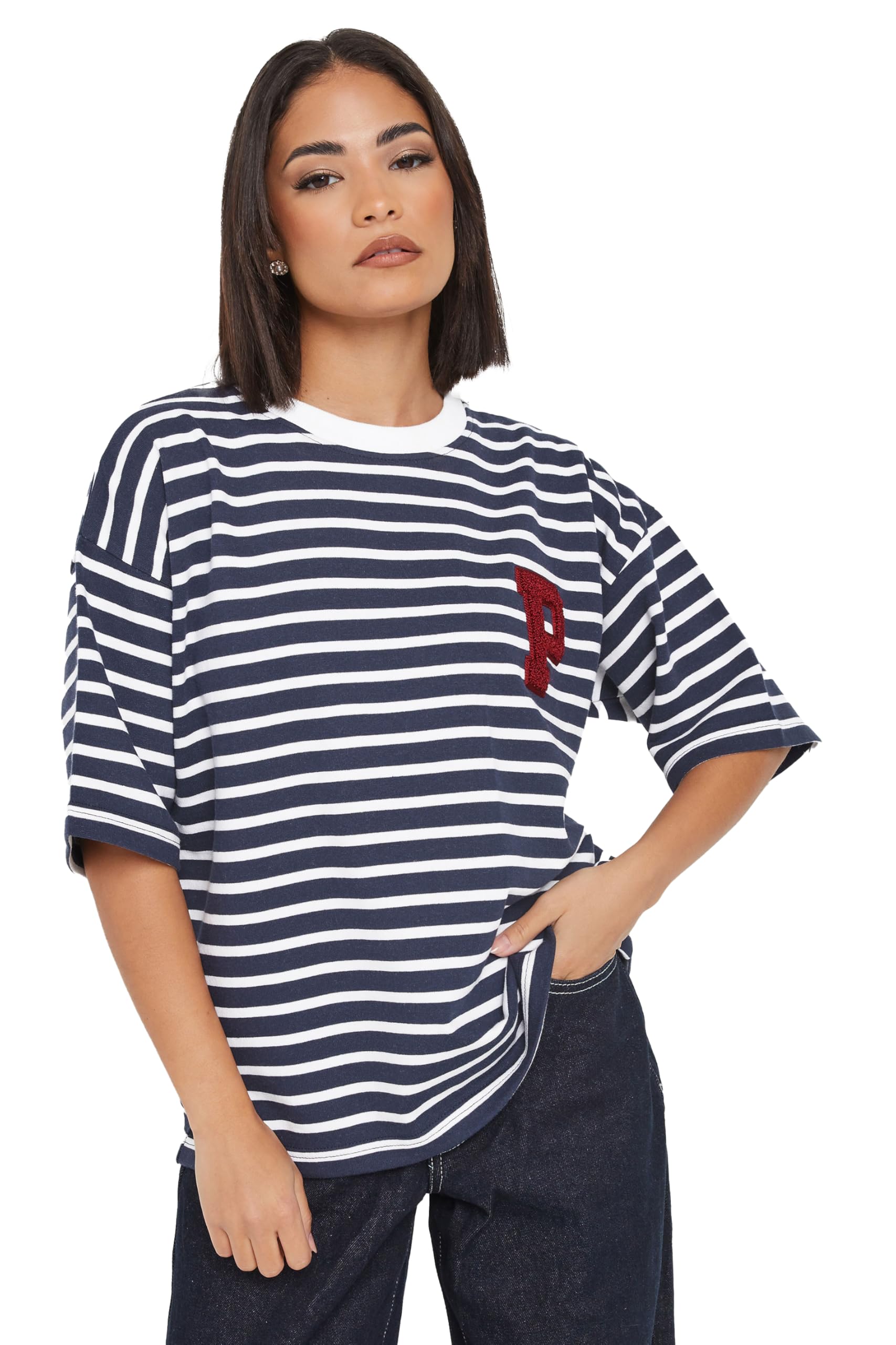 Pixiegirl Women's Dark Navy Petite Striped T-Shirt In | Size: 14