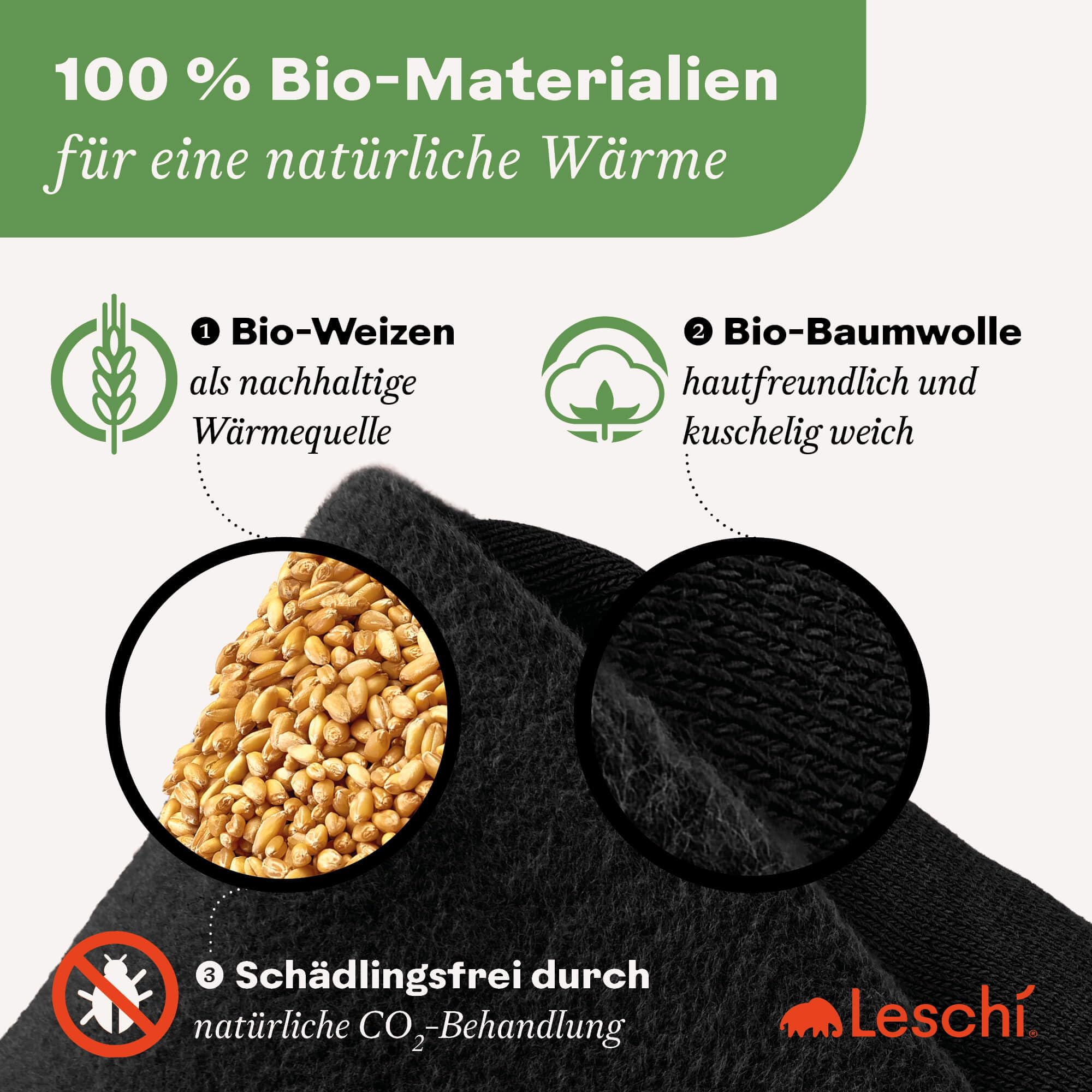 LESCHI 4 Kammer Körnerkissen - mikrowellengeeignetes Wärmekissen - ideal als natürliche Hilfe bei Bauch- und Regelschmerzen - aus natürlicher Bio Baumwolle & Bio Weizen - Panda, Schwarz