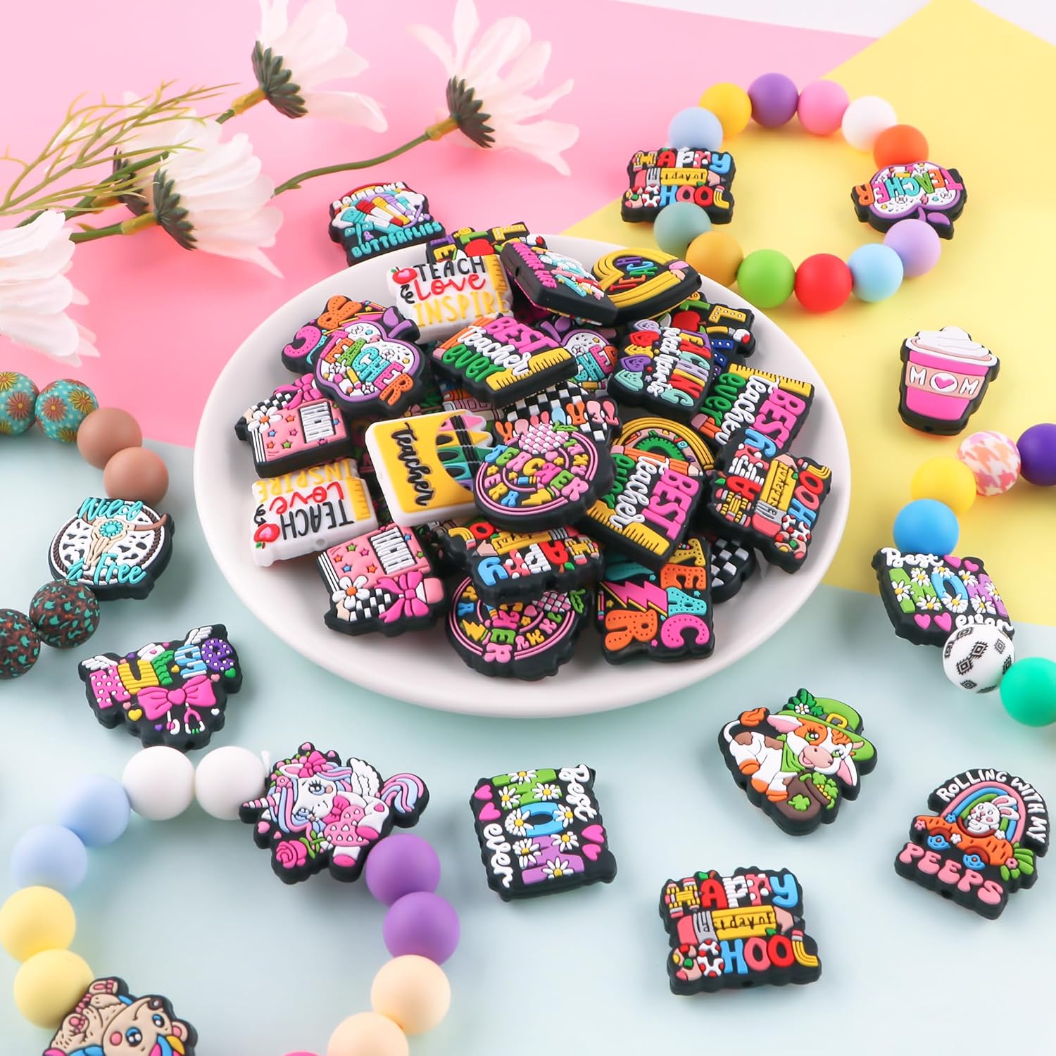 30Pcs Teacher Focal Beads for Pens, School Teacher Silicone Beads for Keychain Making Patterns Focals for Necklace Bracelet Beaded Pen