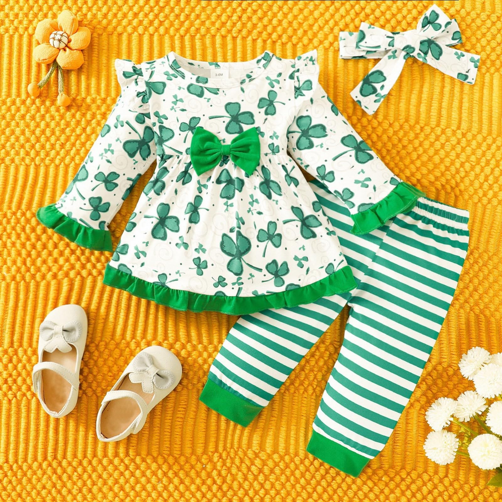 Baby Girl St Patricks Day Outfit Infant Long Sleeve Clover Print Ruffle Tops Striped Pants (Green, 3-6 Months)