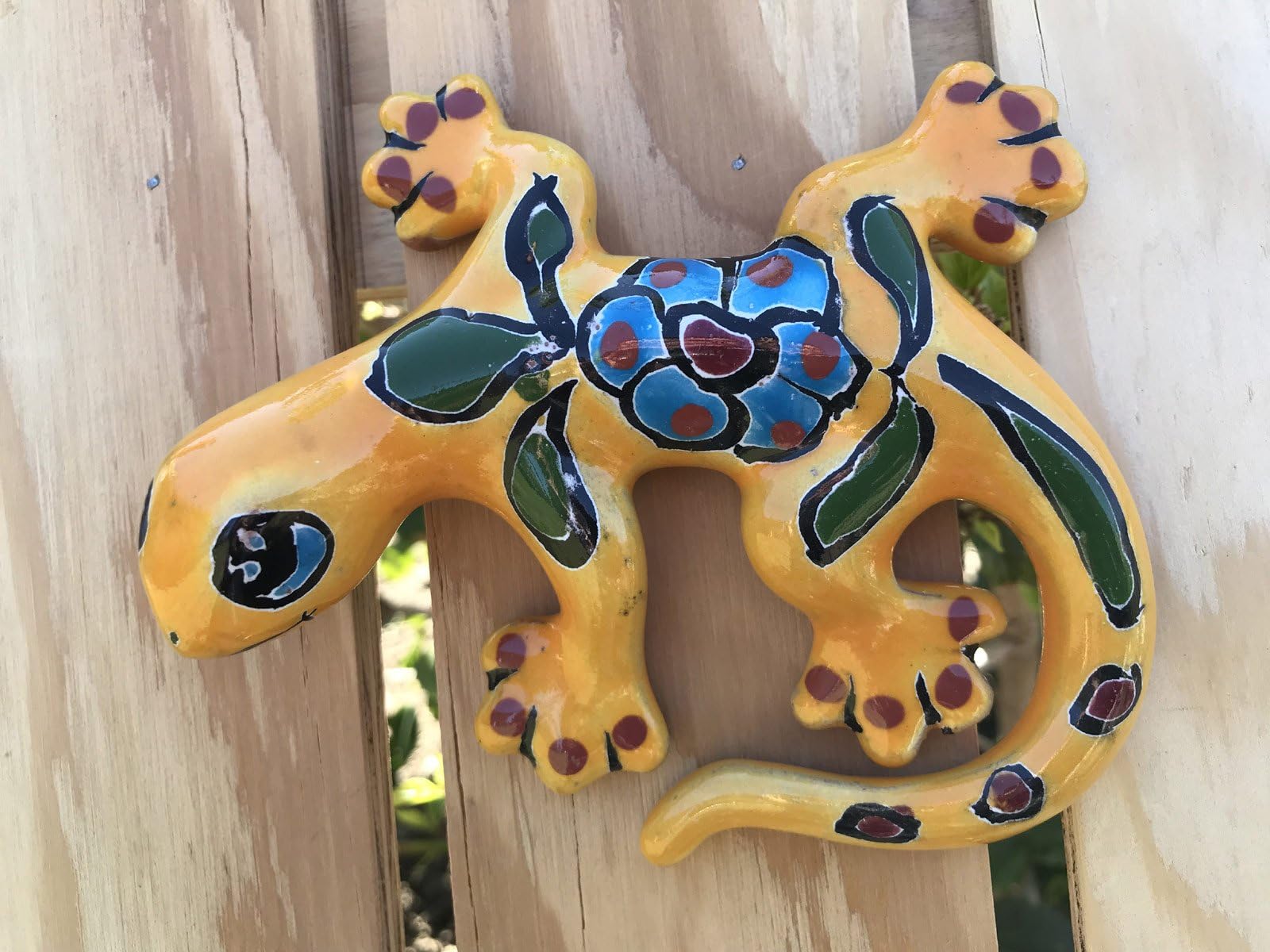 Authentic Puebla Talavera Ceramic Small Iguana 6" Pottery Mexico Hand Painted Hanging Wall Art Decor! Lifelike Shape Gecko Style Lizard [Yellow W/ Blue Flower]