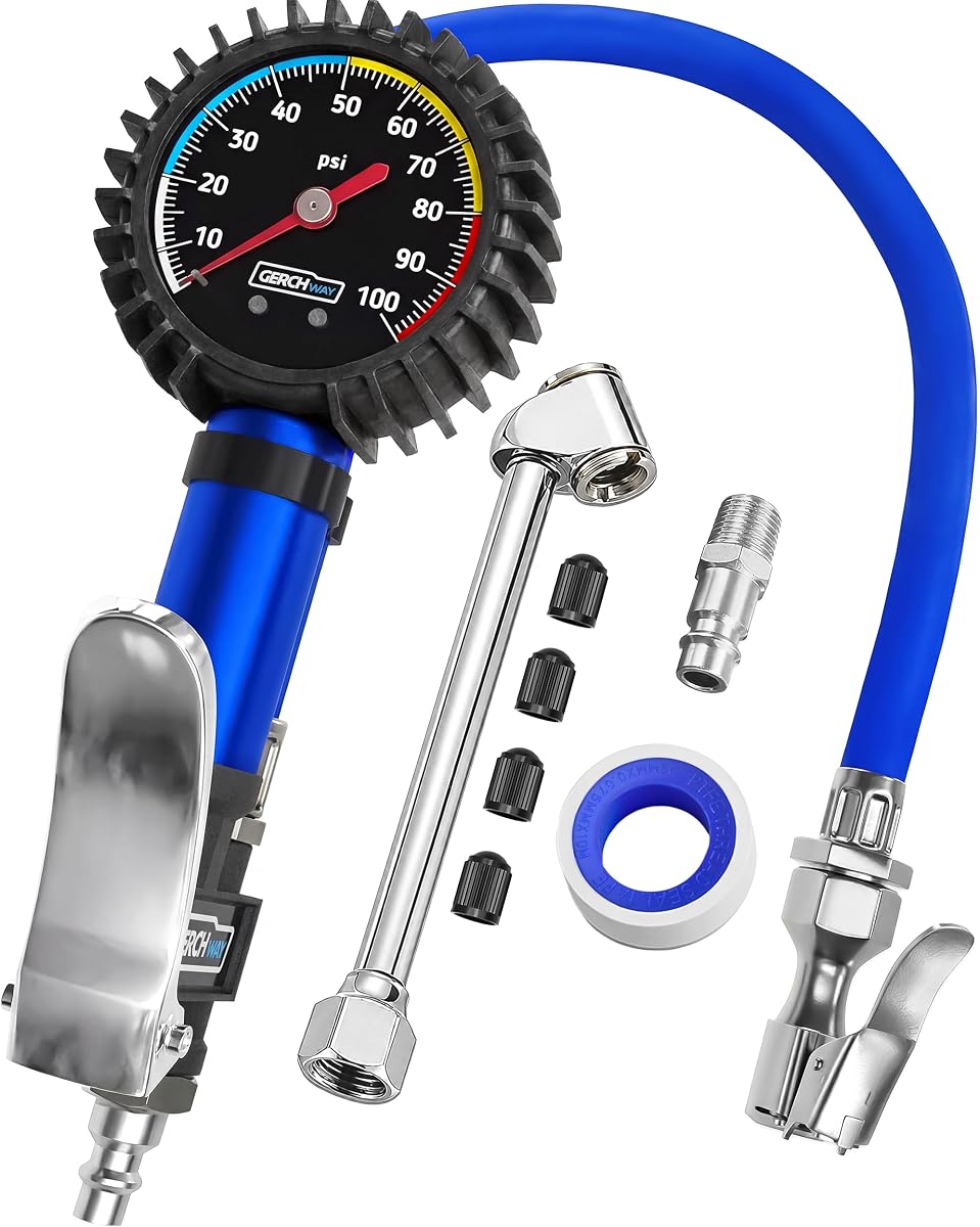Inflador de neumáticos con manómetro y manguera más larga: mandril de aire más preciso y resistente con manómetro para compresor de aire, accesorio para inflador de neumáticos, 100 PSI