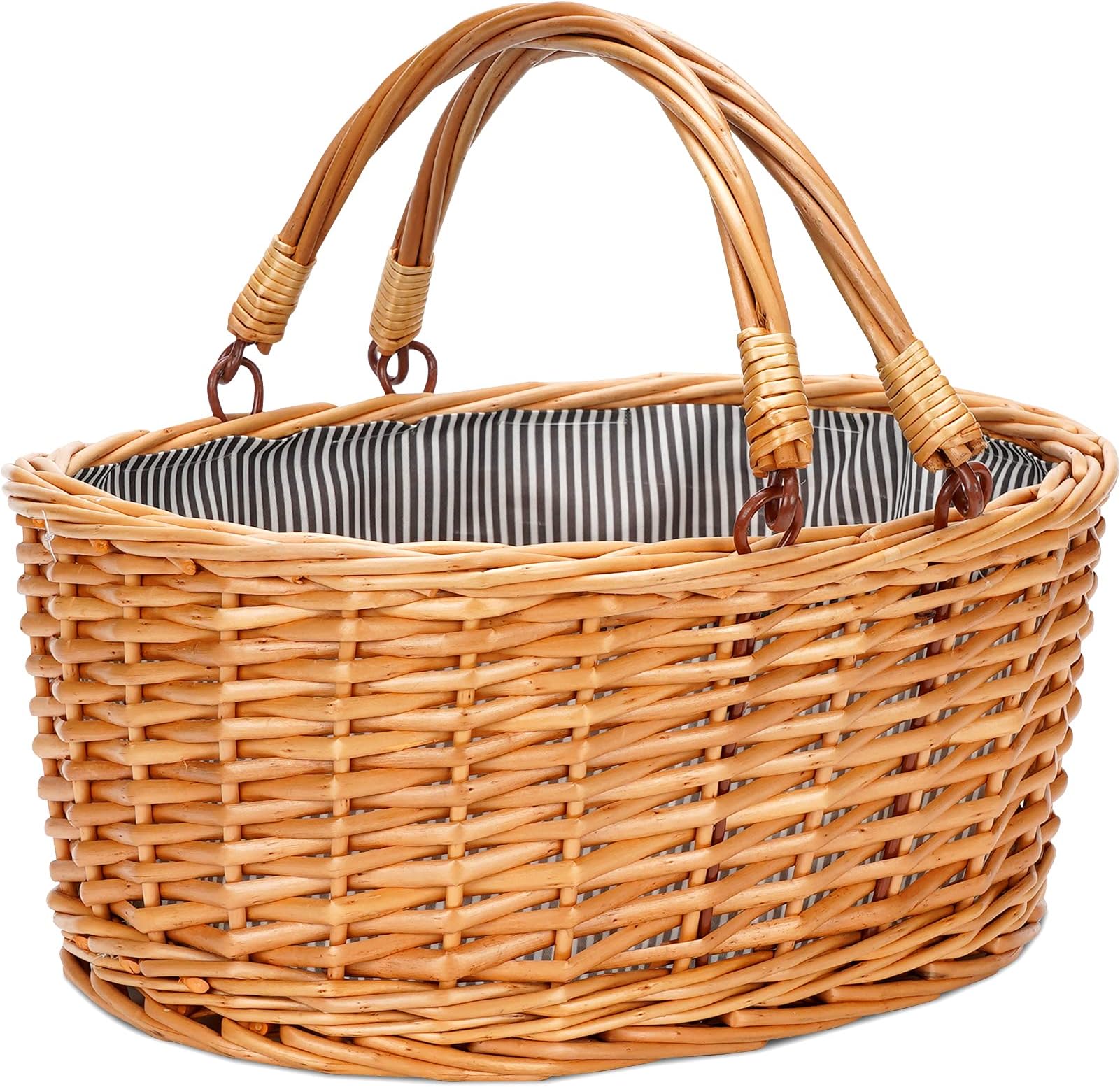 Wicker Picnic Basket with Double Folding Handles, Small Natural Willow Hamper Empty Basket Cheap Easter Eggs Candy Storage Wine Basket for Toy, Flower, Wedding(Grey 13inch)