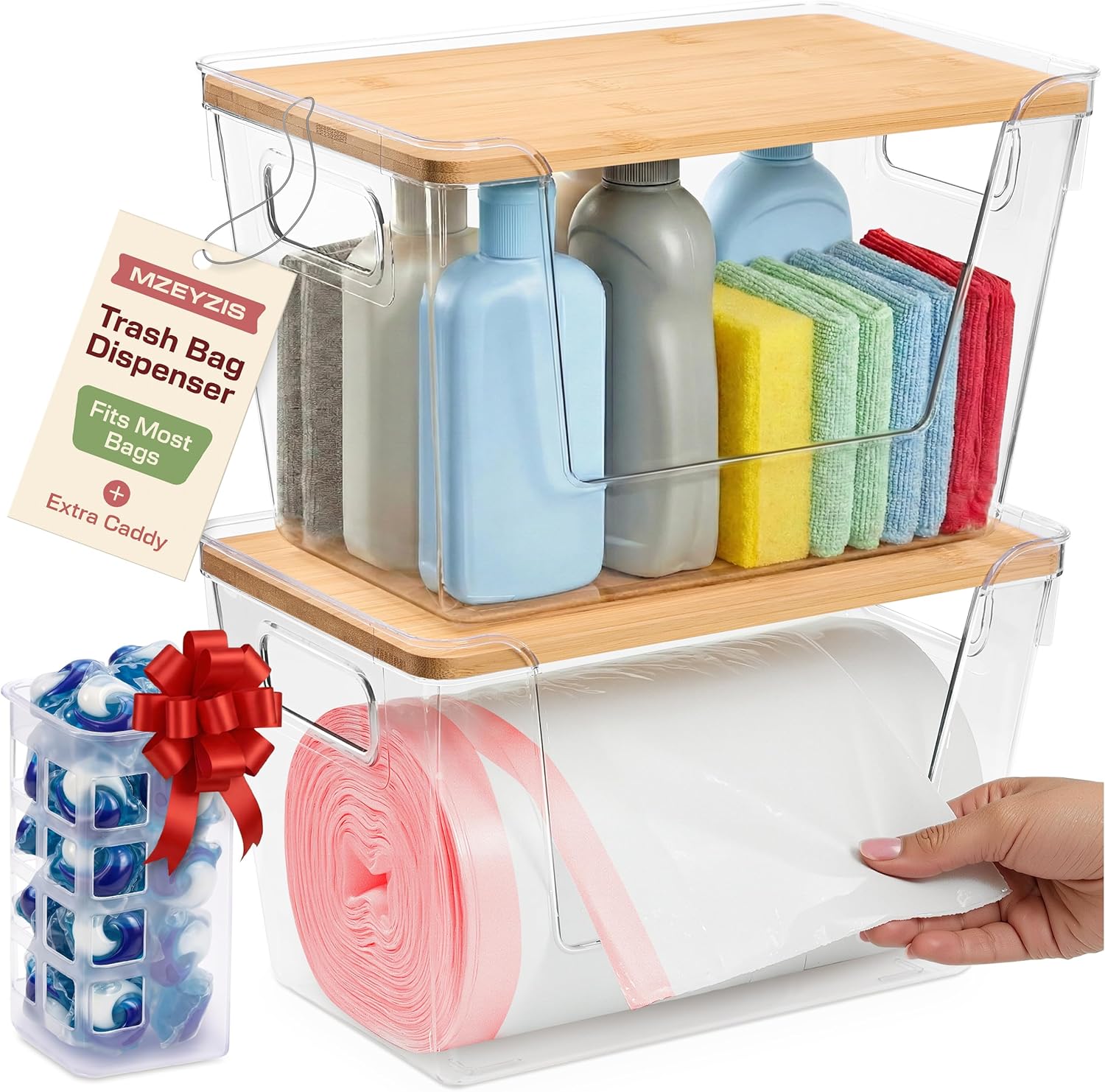 1 Pack Trash Bag Organizer | Included Extra Self-Adhesive Caddy for Dishwasher Pods | Trash Bag Dispenser Under Sink With Bamboo Lid | Stackable Garbage Bag Holder Fits Most Bags
